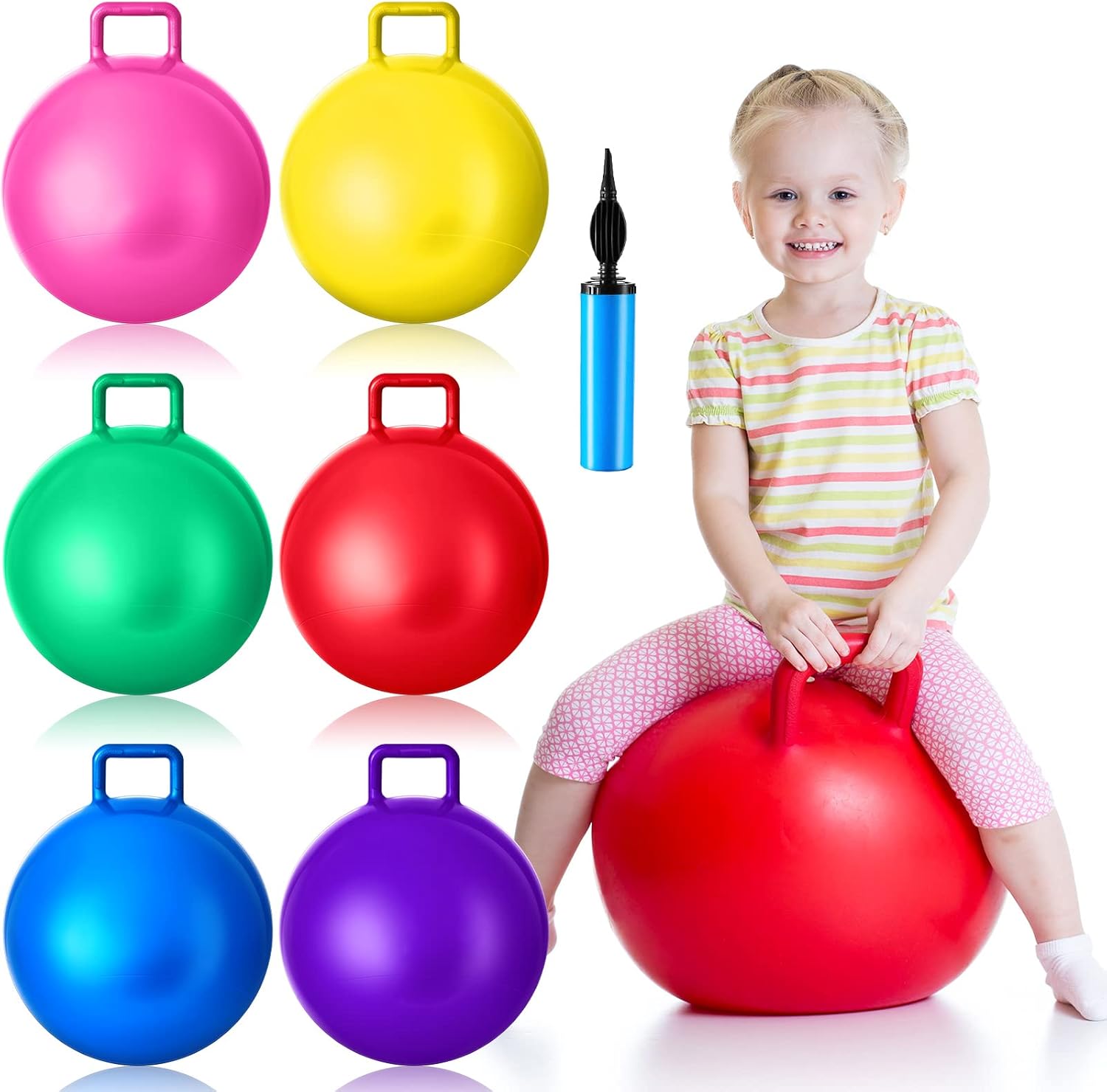 Lewtemi 6 bolas inflables de salto con mango y bomba de aire para ejercicio de juego deportivo al aire libre (rojo, azul, verde, rosa, amarillo,