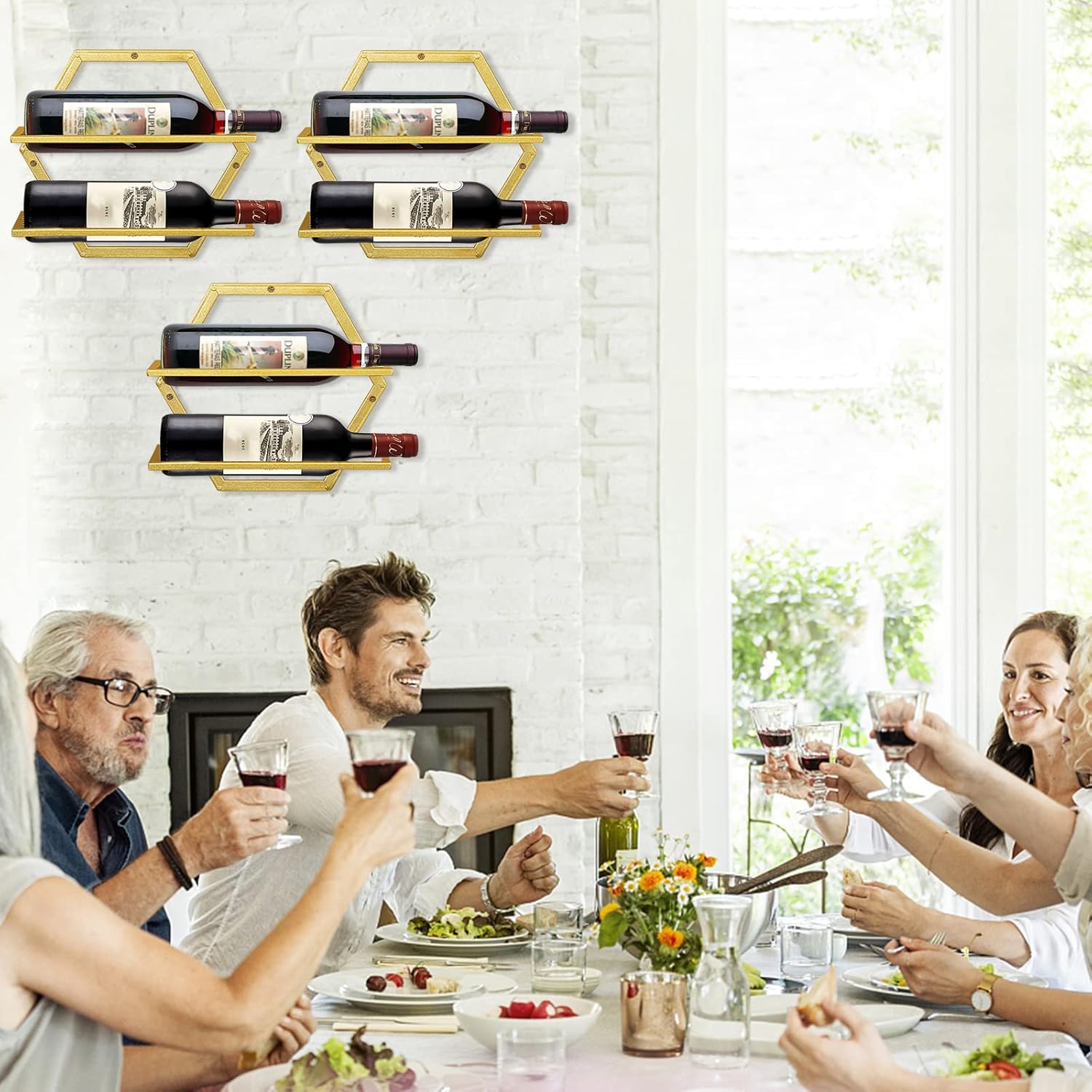 Estante para botellas de vino montado en la pared, organizador de exhibición de vino colgante de metal dorado, estantes de vino tinto para el hogar,