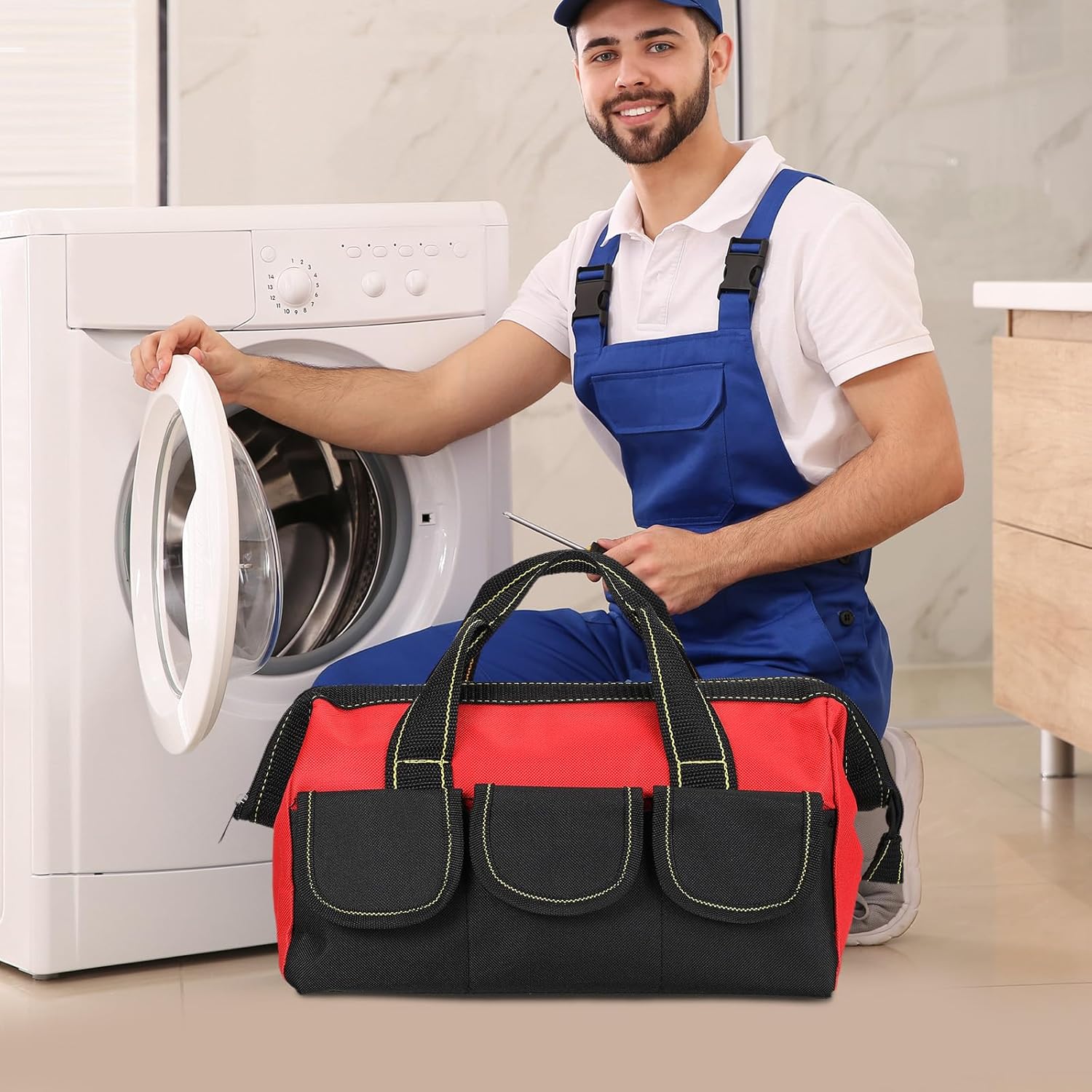 Cunno 12 bolsas de herramientas de 13 pulgadas a granel para hombres, resistentes, boca ancha, múltiples bolsillos, impermeables, parte inferior
