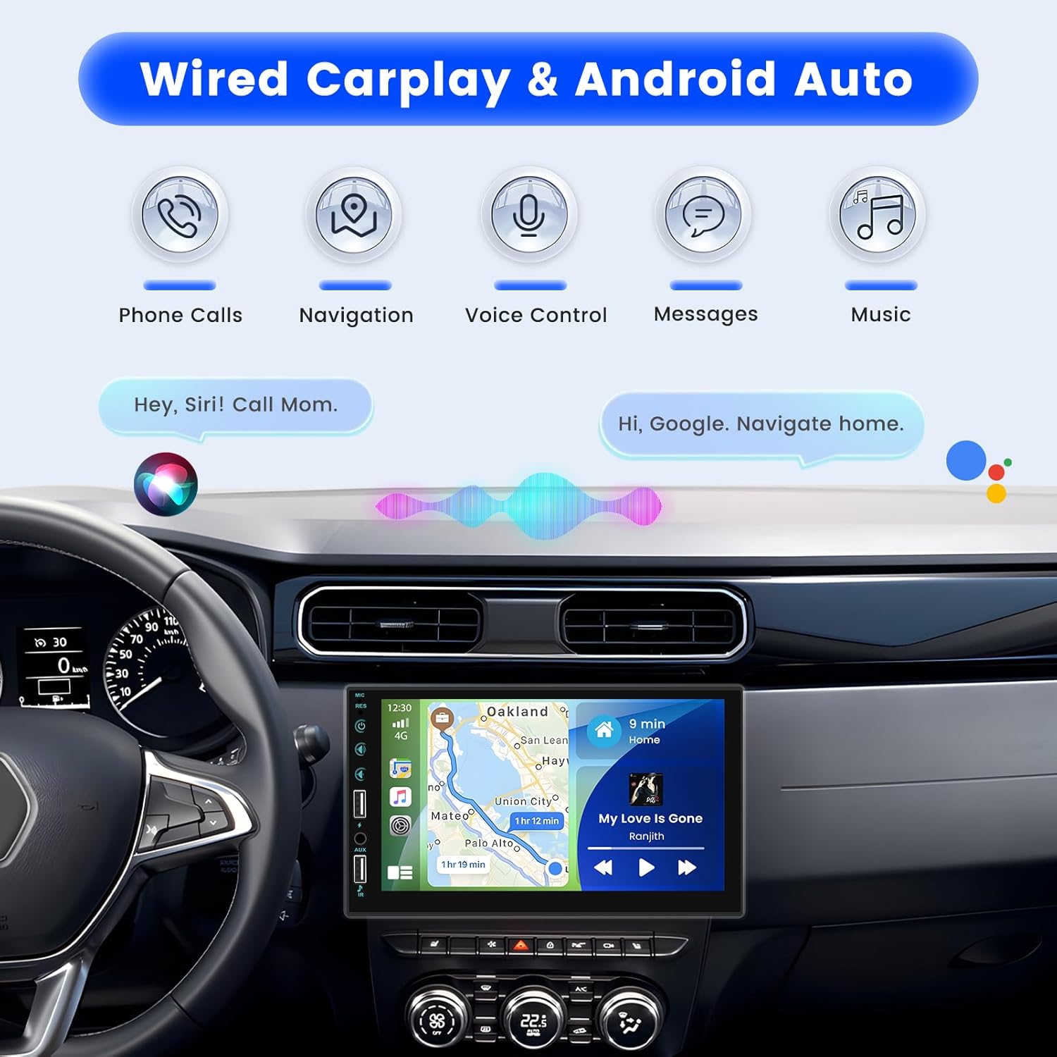 Roinvou Radio de pantalla táctil DIN individual con Carplay con cable y Android Auto, pantalla táctil HD de 7 pulgadas estéreo para automóvil con