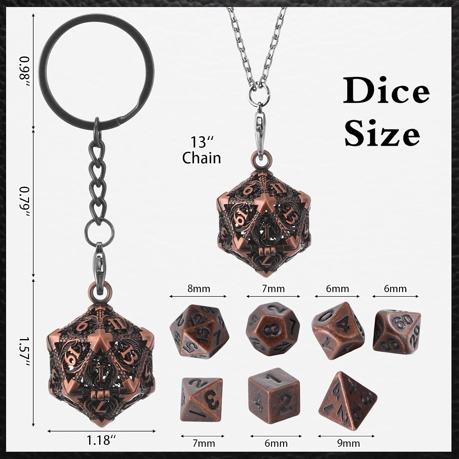 Syhood Juego de dados pequeños, 7 piezas de dados pequeños de metal, collar hueco D20, estuche de dados, llavero, juegos de mesa para juegos de rol,