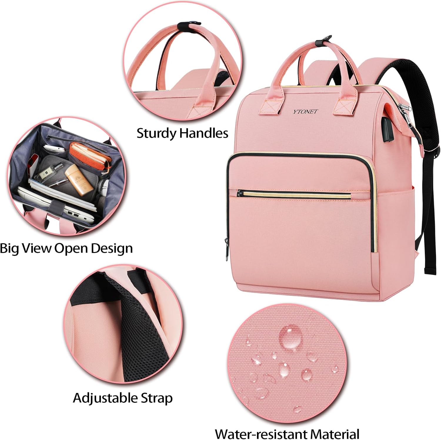 Ytonet Mochila rosa para laptop, mochila de transporte de 17.3 pulgadas para mujeres, profesores, enfermeras con puerto de carga USB, gran