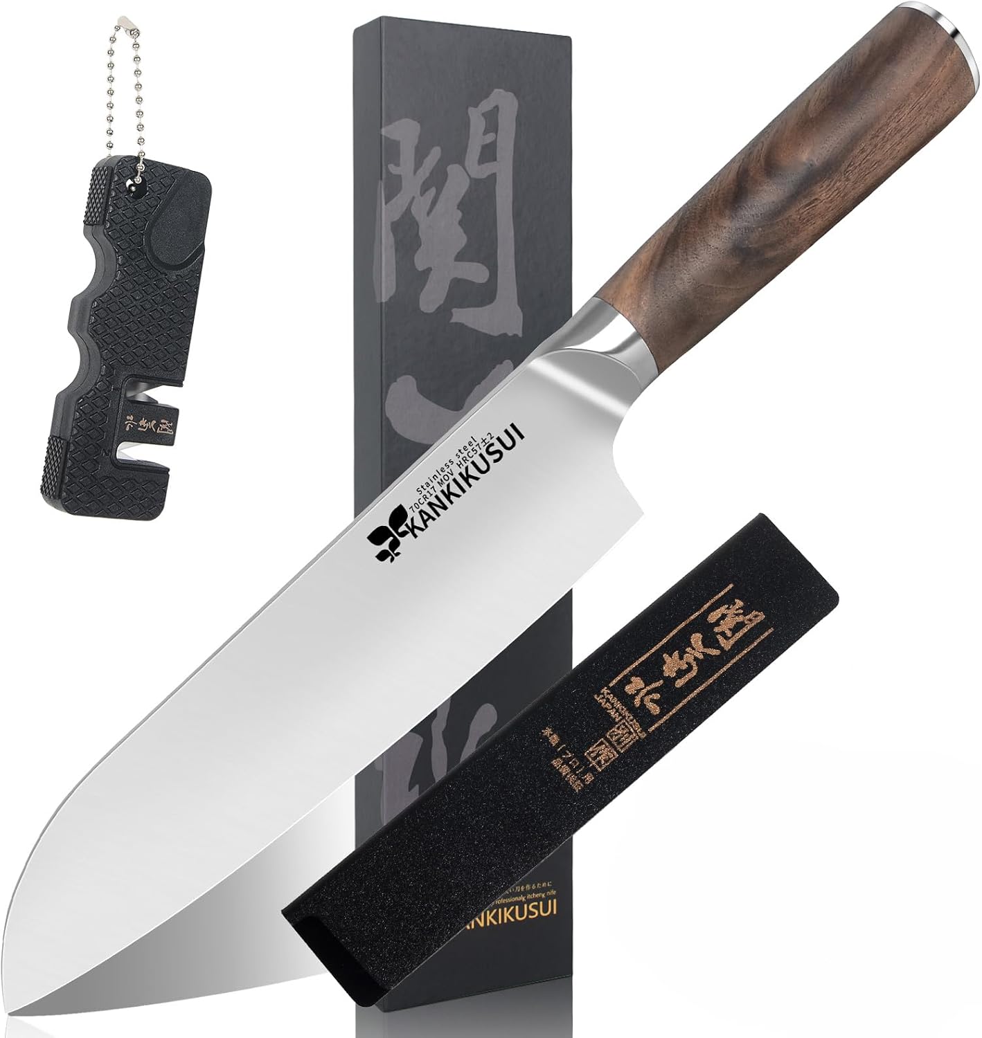 Santoku – Cuchillo de 7 pulgadas, 70CR17MOV, cuchillo de alto carbono para carneverdurafruta, juego de cuchillos con funda, sacapuntas, paño de