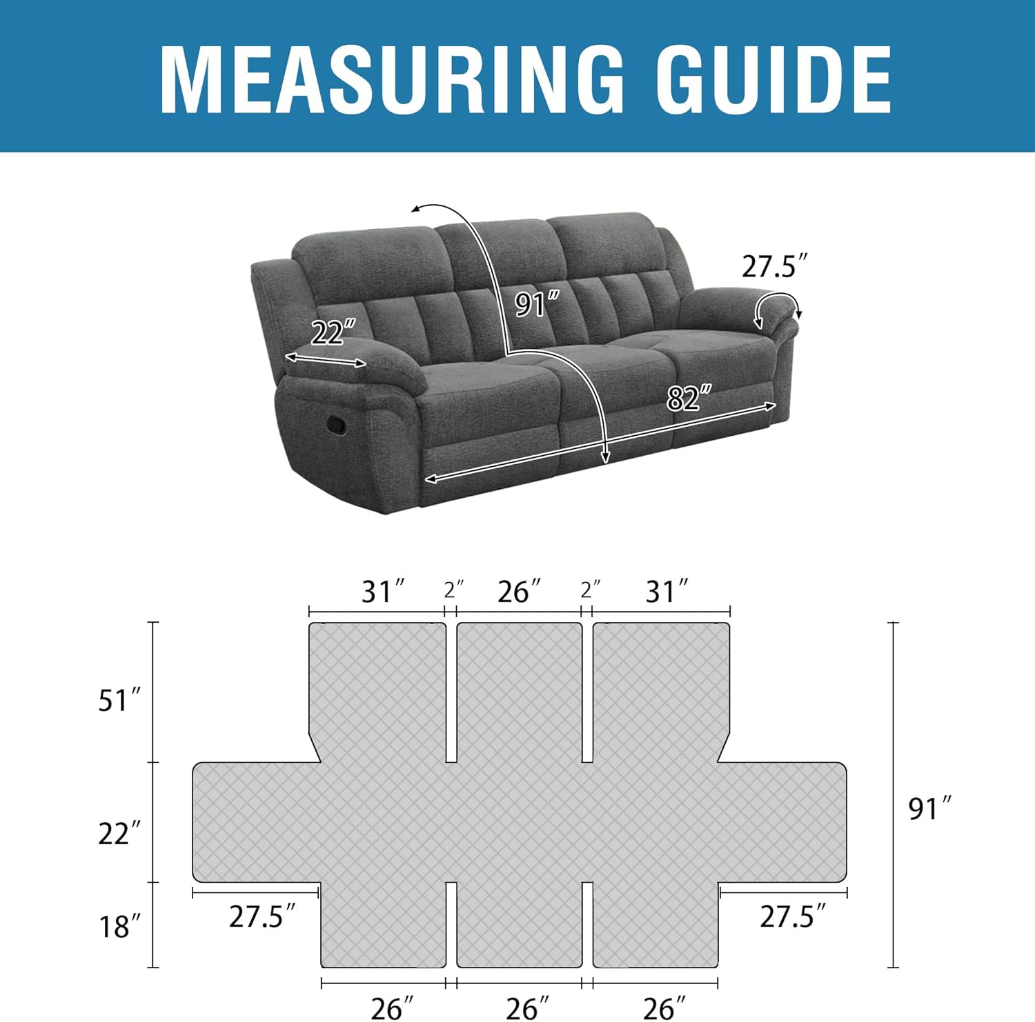 H.VERSAILTEX Funda reclinable 100% impermeable de 1 pieza para sofá reclinable de 3 cojines, funda protectora de muebles con respaldo antideslizante