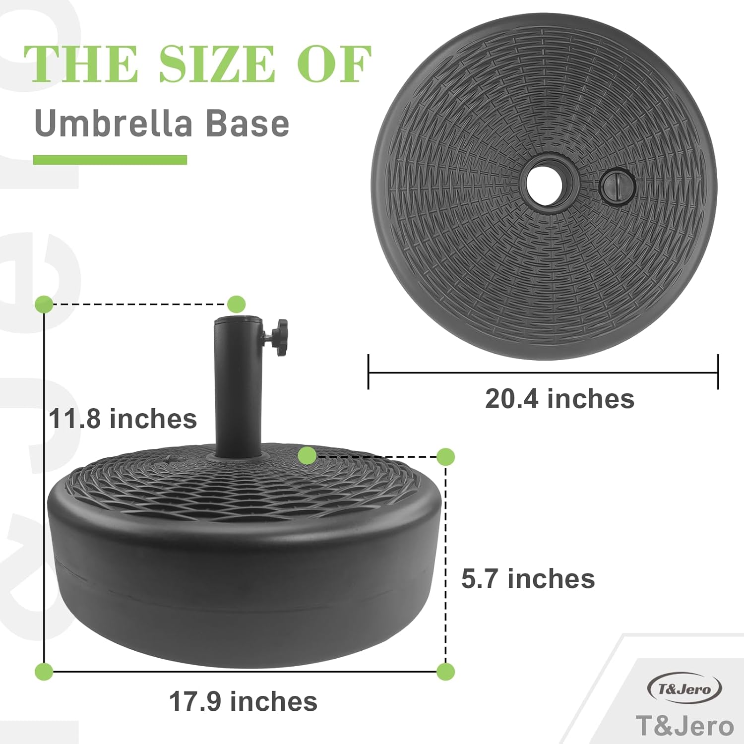 T&Jero Base redonda de plástico resistente para sombrilla de patio, peso para exteriores, 75 libras con relleno de agua y arena, color negro