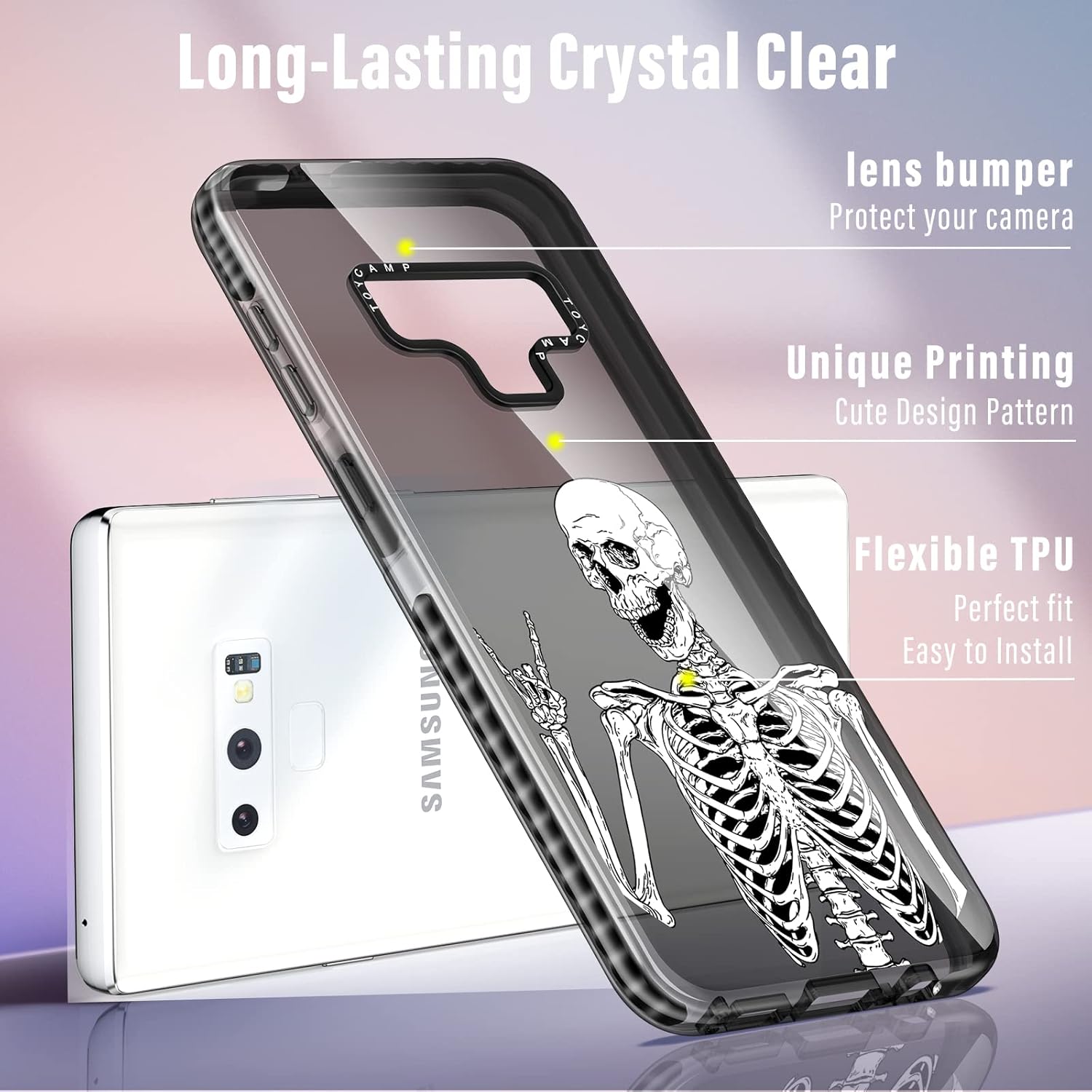 Toycamp Funda para Samsung Galaxy Note 9, divertido diseño de calavera y esqueleto para mujeres, niñas, niños y adolescentes, funda con estampado de