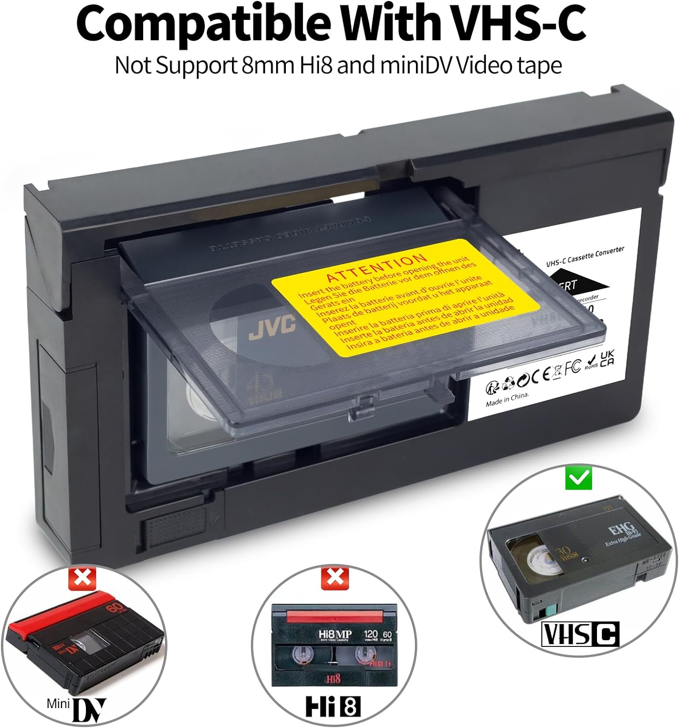 Adaptador de casete VHS-C compatible con videocámaras VHS-C SVHS JVC RCA Panasonic convertidor de casete VHS motorizado (no compatible con 0.315 in