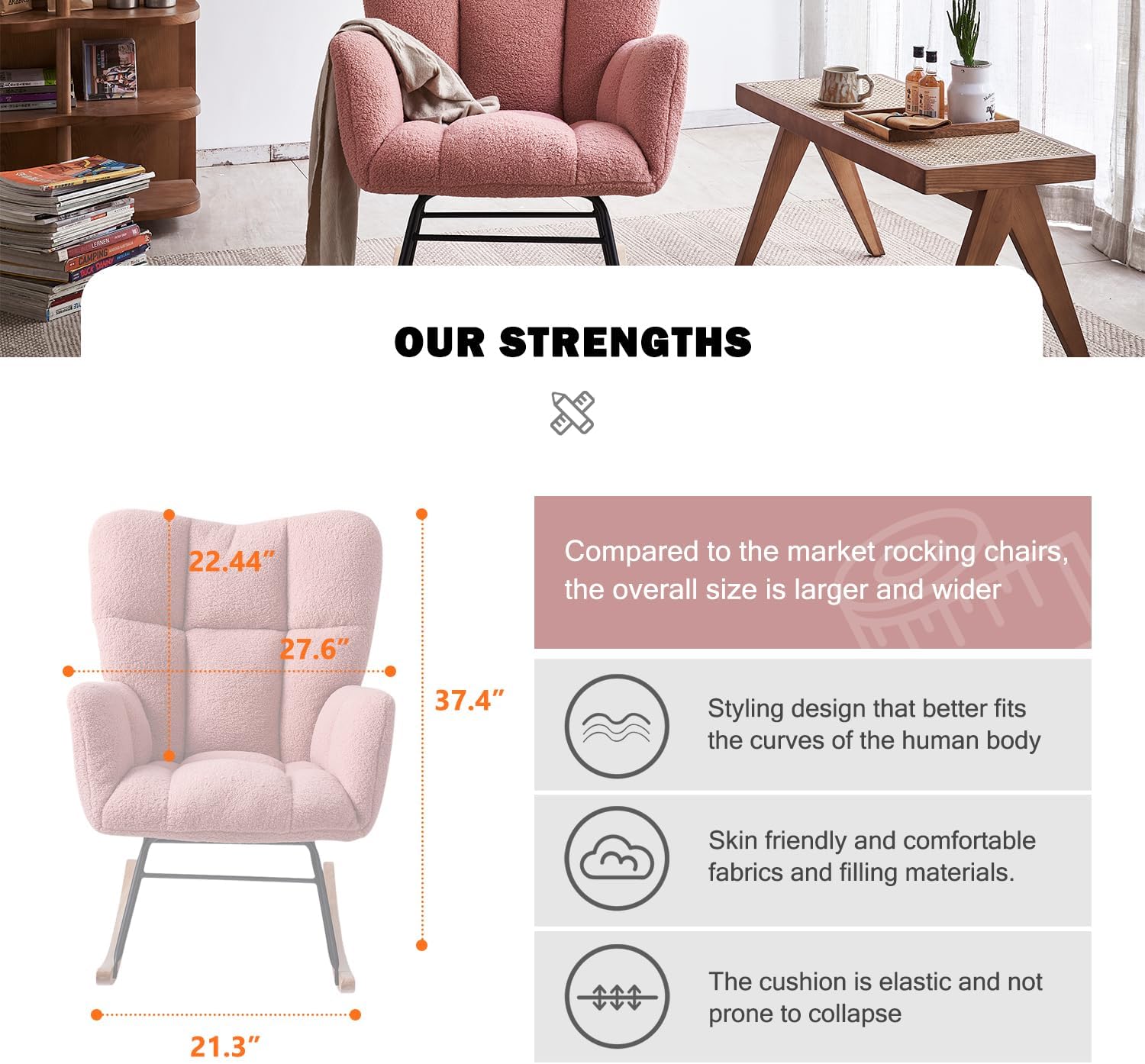 Mecedora de tela de peluche, respaldo alto, balancín de guardería, moderno reclinable para sala de estar, dormitorio, lectura acogedora, color rosa