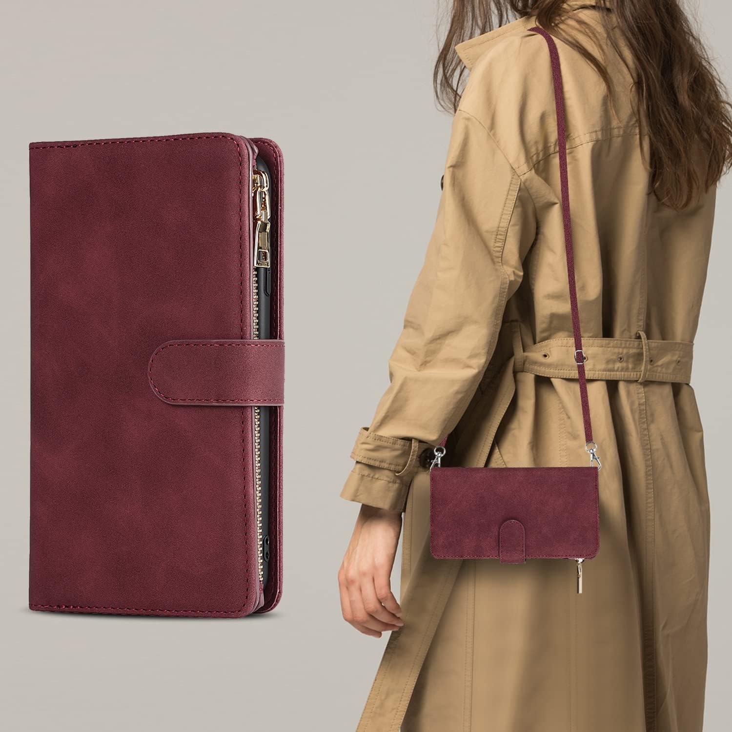 iCoverCase Funda tipo cartera para iPhone 14 con tarjetero y cordón cruzado ajustable, ranuras para tarjetas de piel sintética (no desmontable),