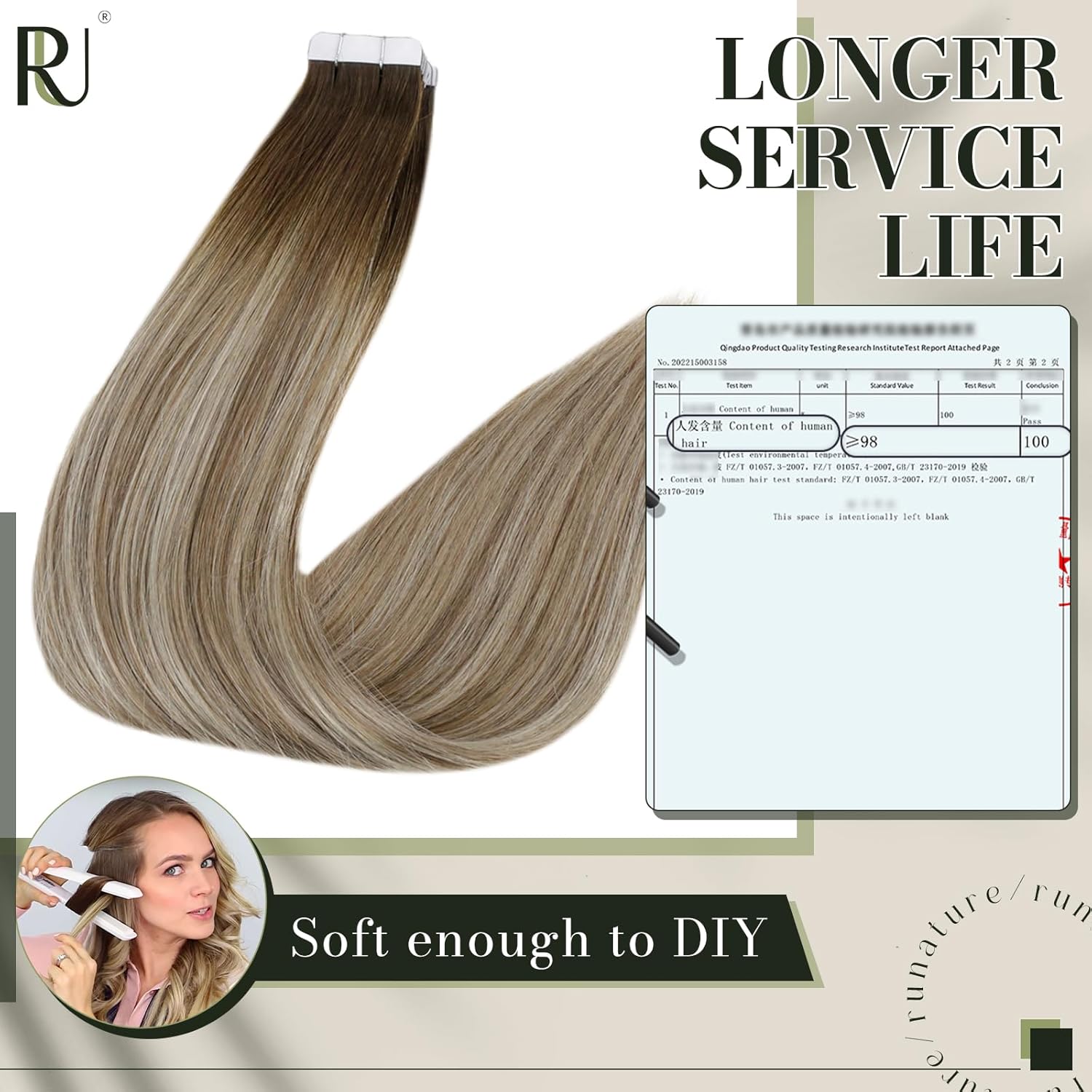 RUNATURE Extensiones de cabello humano Remy con cinta adhesiva, balayage, color marrón nogal degradado a marrón ceniza con rubio claro, extensiones