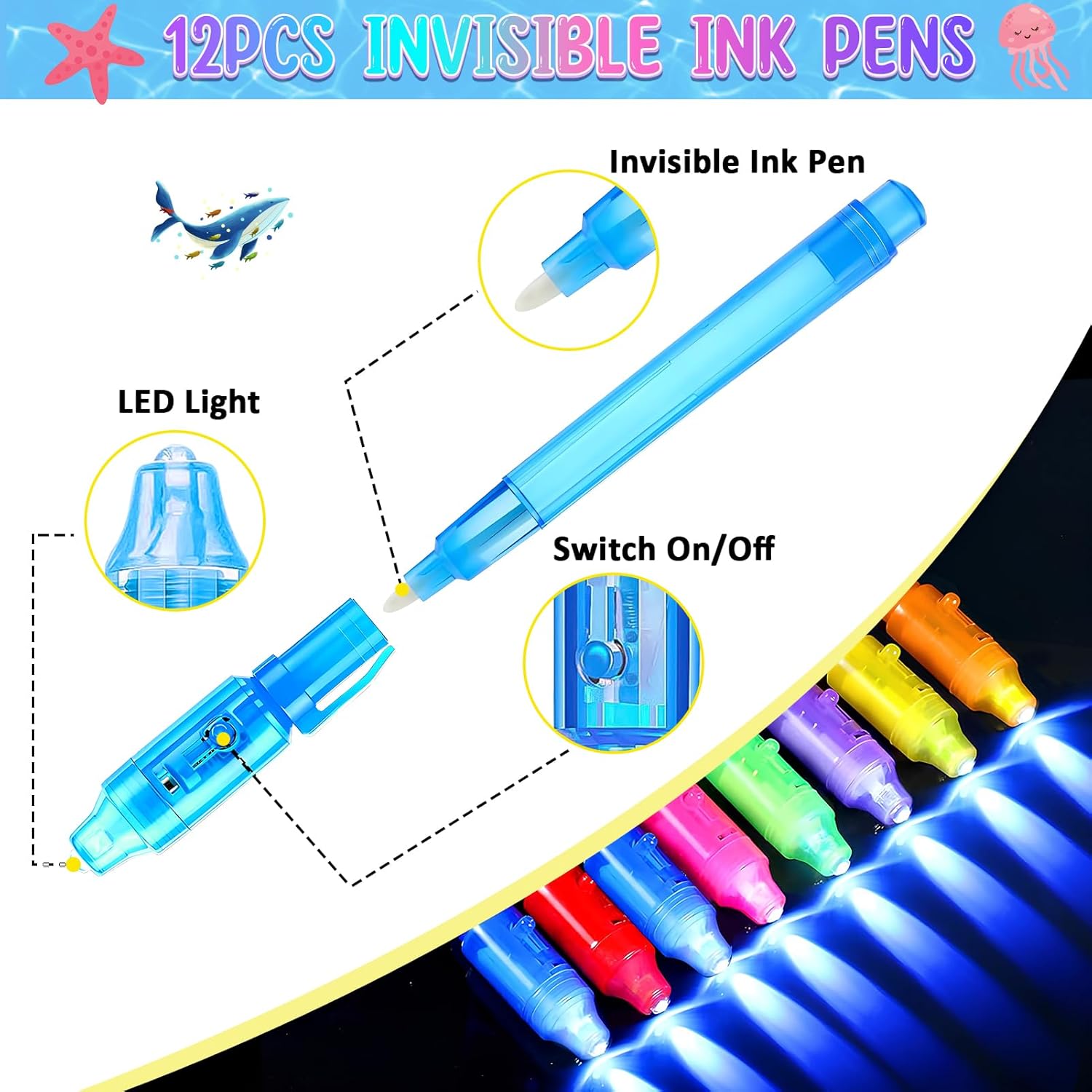 Winrayk Regalos de fiesta de sirena, suministros de cumpleaños para niñas, bolígrafos de tinta invisible, mini cuadernos, calcomanías para niños,