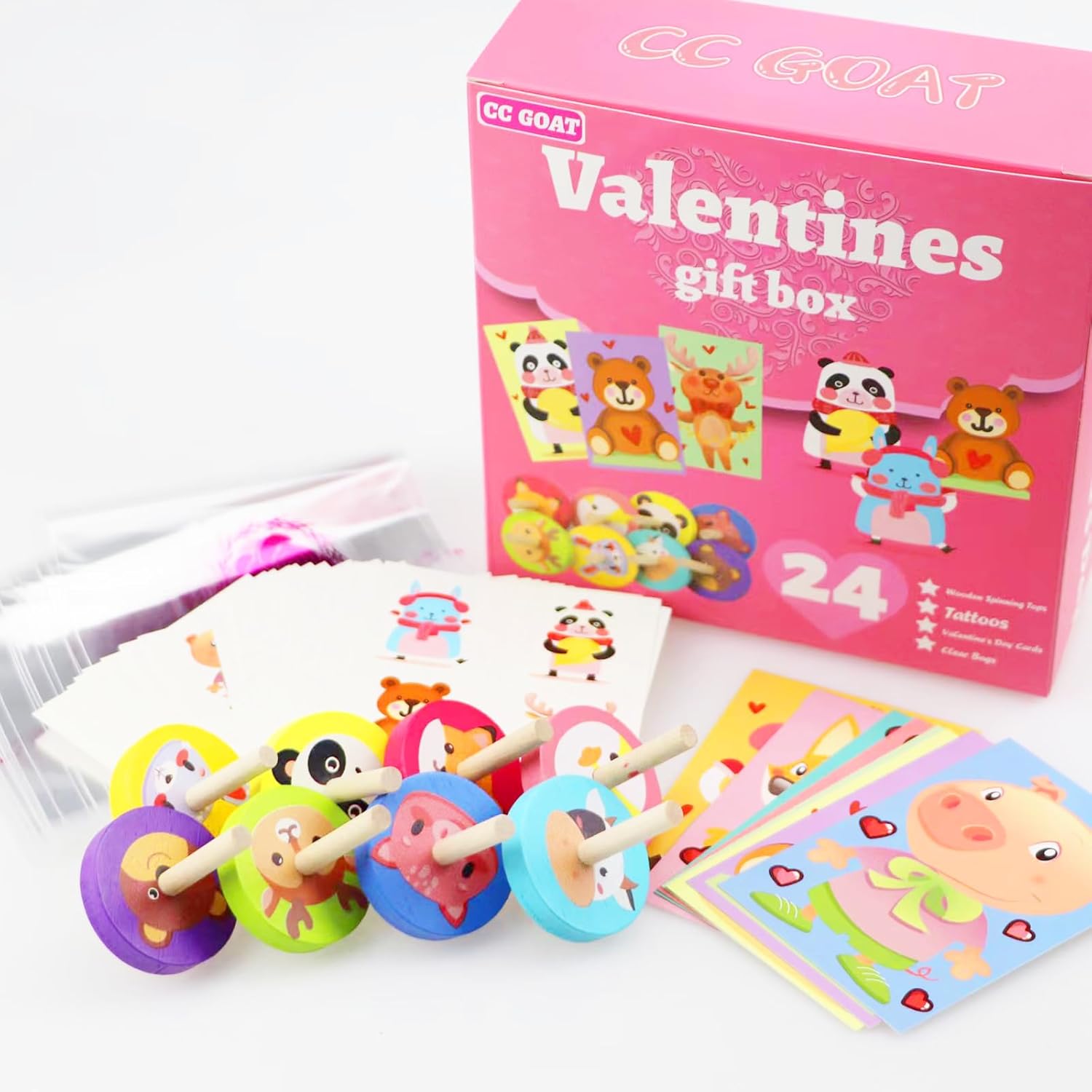 96 juguetes de San Valentín para clase, tarjetas de intercambio del día de San Valentín para niños, tapas giratorias de madera, calcomanías de