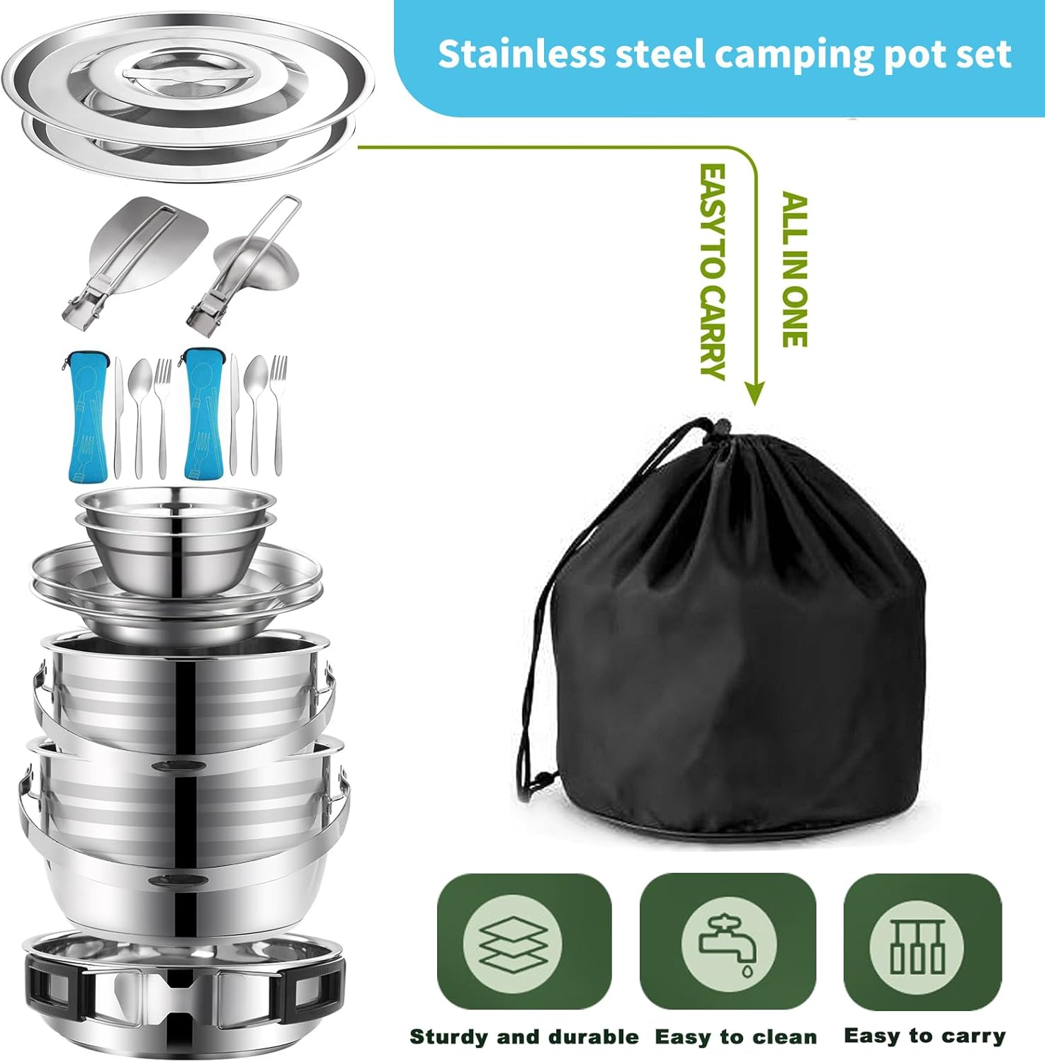 Juego de utensilios de cocina para acampar, juego de cocina de acero inoxidable 304, juego de ollas y sartenes para acampar con soplos, tazas,