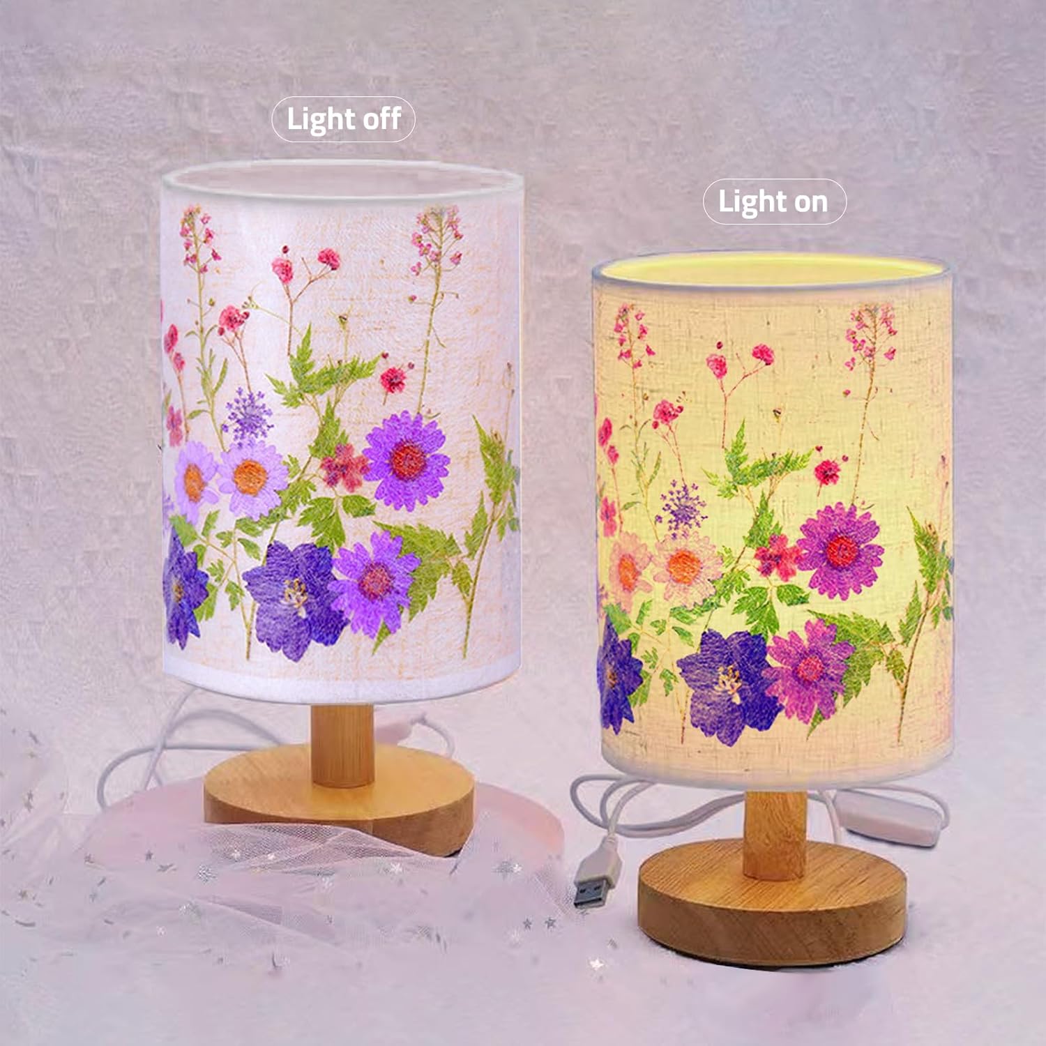 Lámpara de mesa de flores con base de madera, lámpara de mesa con pantalla de lino, lámparas pequeñas para mesita de noche, dormitorio, sala de
