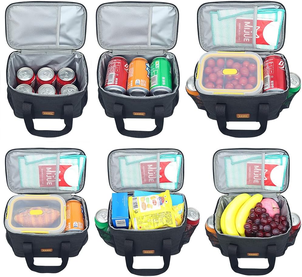 Bolsa de almuerzo negra para mujeres y hombres, pequeña bolsa enfriadora para el trabajo de la escuela, oficina, lonchera portátil de 5 litros,