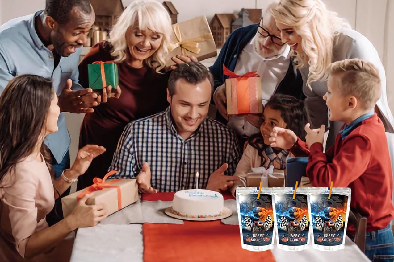 Suministros para fiesta de cumpleaños de Monster Truck, 24 piezas de calcomanías para bolsas de jugo de camión monstruo, calcomanías de decoración