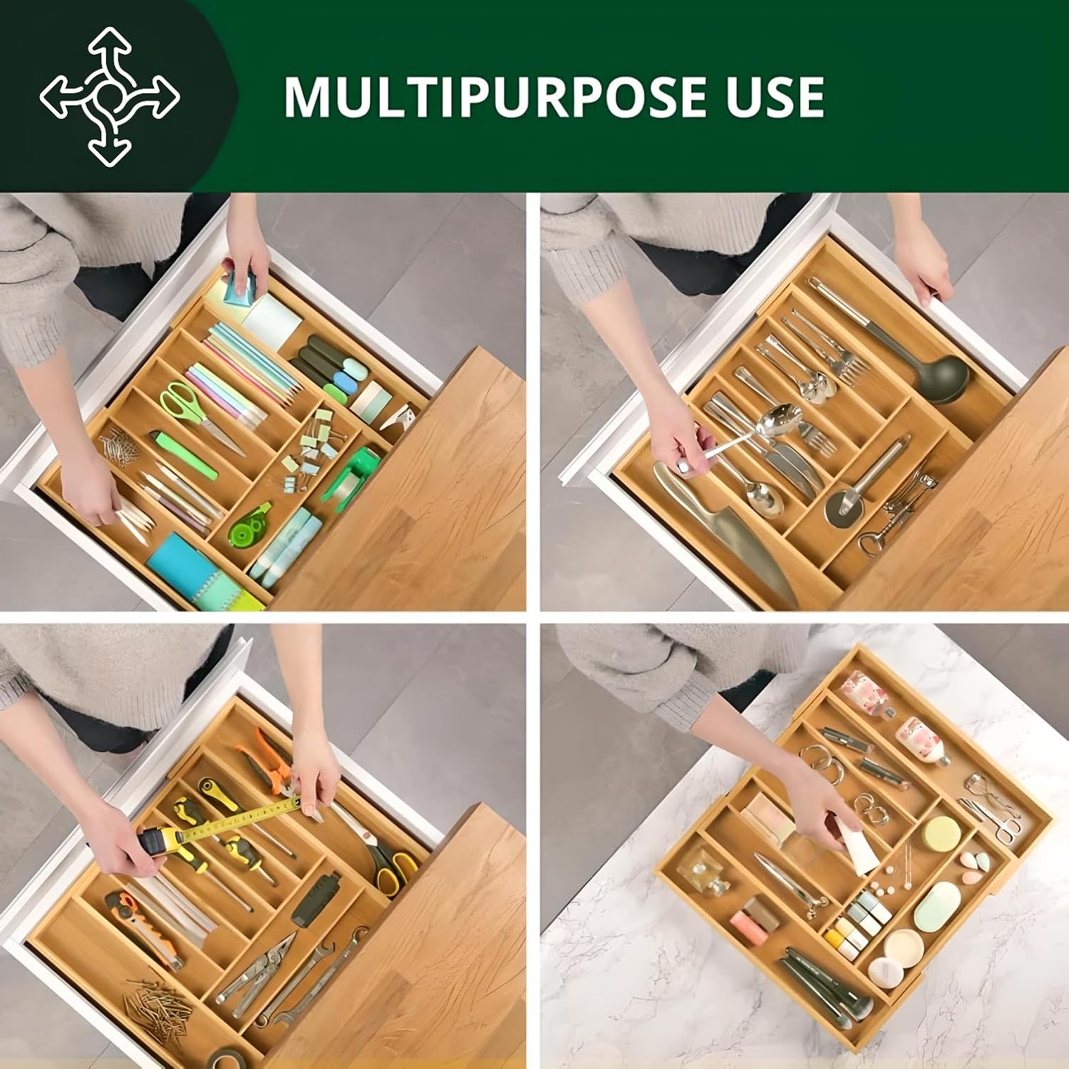 Organizador de cajones de cocina con base reforzada y divisores, organizador de cajones de cubiertos expandible, soporte de utensilios de bambú para