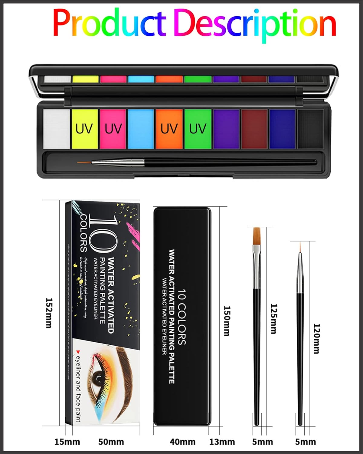 Paleta de pintura activada por agua de neón de 10 colores, gráfico hidra de brillo UV de arcoíris mate, delineador de ojos neón luminoso de color,