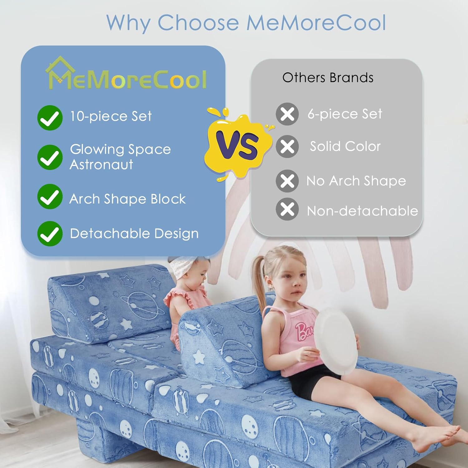MeMoreCool Sofá infantil de 10 piezas, sofá de espacio brillante para sala de juegos, sofá de espuma plegable para niñas y niños, juego modular