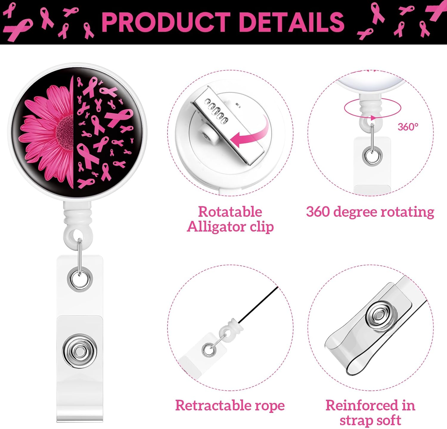 Faccito Carrete retráctil para insignia de cáncer de mama, 18 unidades, con diseño de mariposa, para decoración de cáncer de mama, clip de