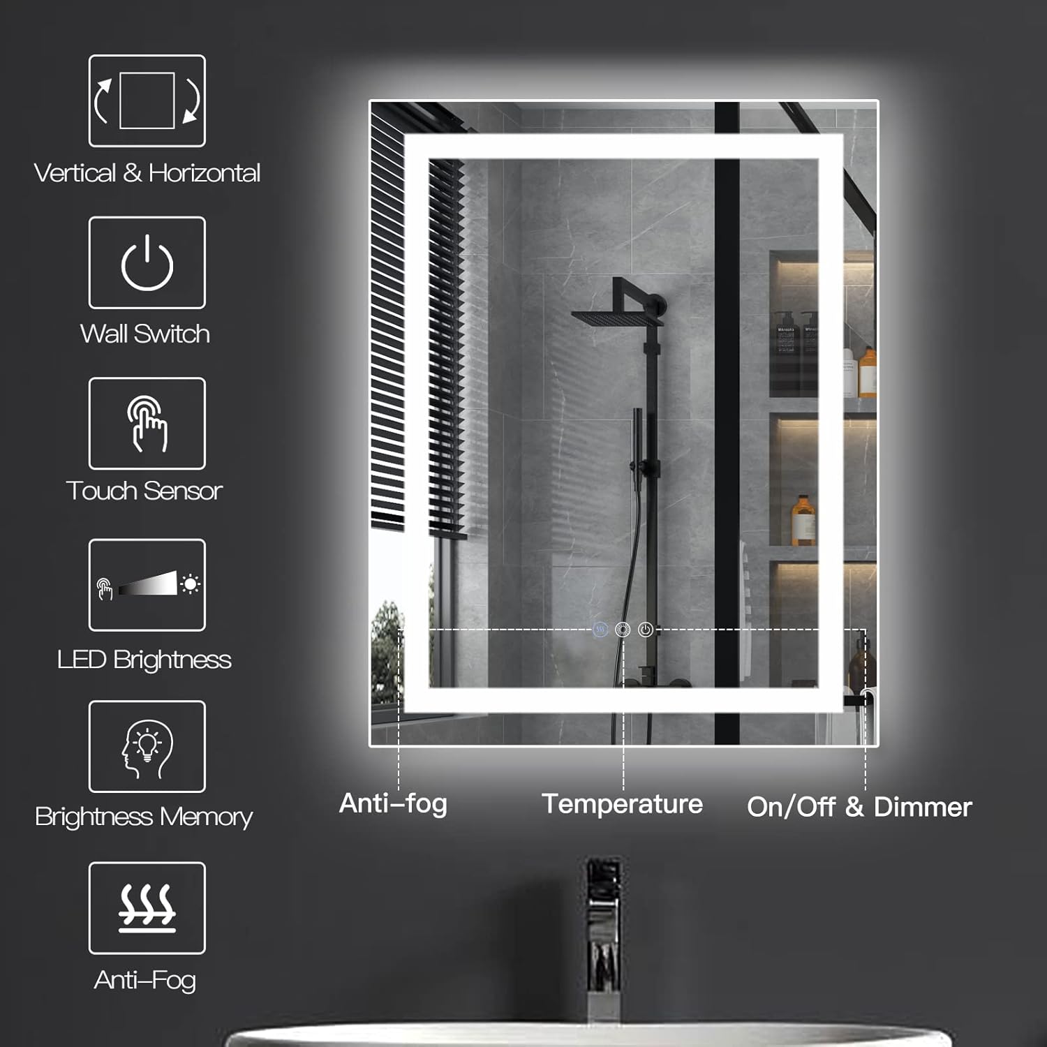 Espejo LED de baño con luces LED de 24 x 30 pulgadas con luz ajustable, antiniebla, a prueba de roturas, memoria, 3 colores, IP45 impermeable, con