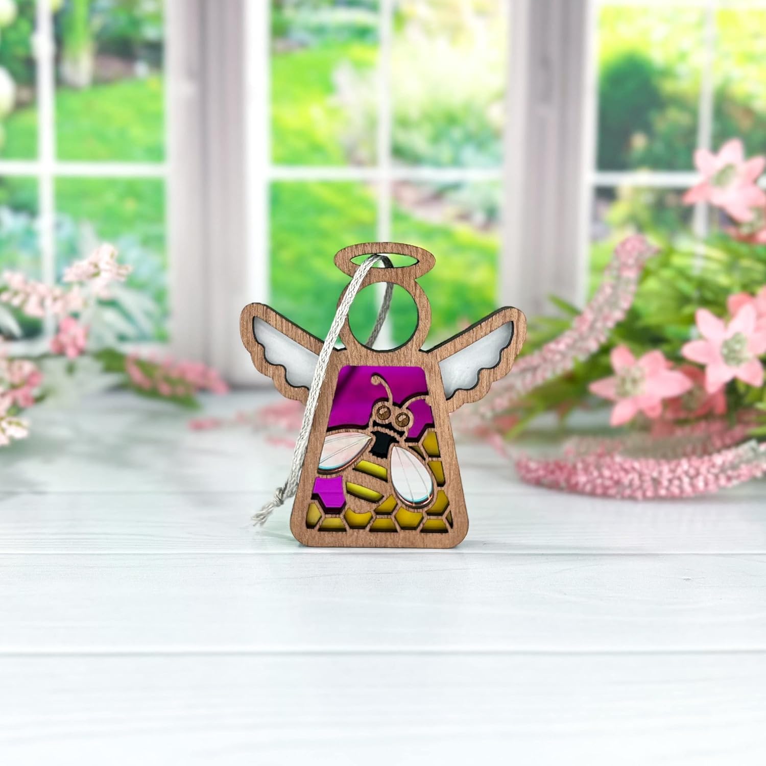 Honey Bee Ornament with Honeycomb Motif Design – Magenta Pink Angel Figurines – Ideal Bee Decor or Bee Kitchen Decor for Mom, Best Friend, Coworker,