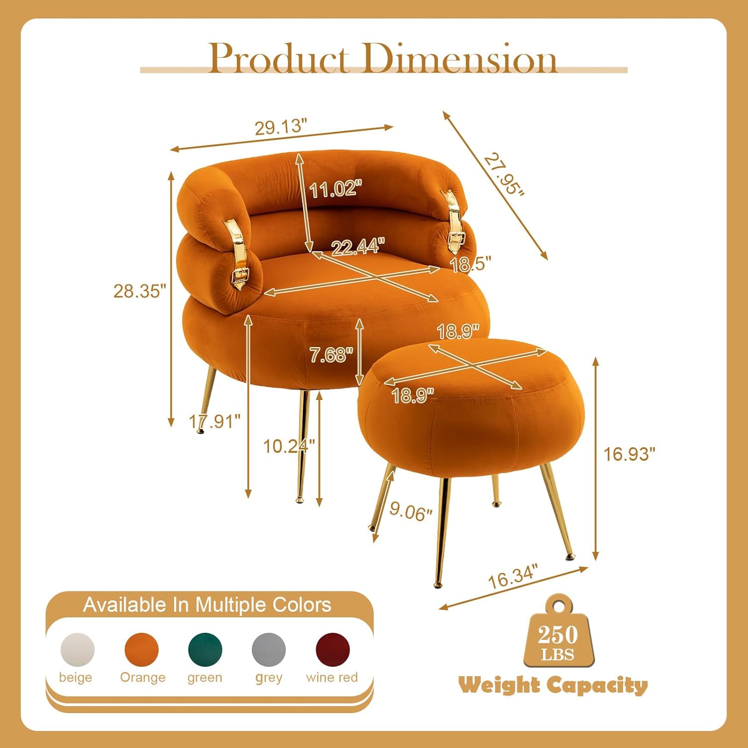 Antetek Silla decorativa moderna de terciopelo con otomana, sillón tapizado con elegante decoración dorada, cómoda silla de descanso para sala de