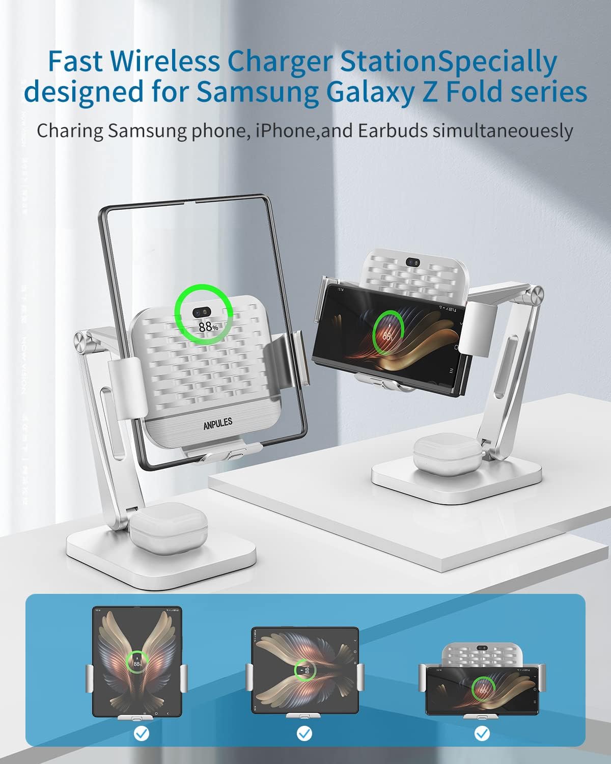 Soporte de cargador inalámbrico para Z Fold 6543, 3 bobinas Estación de carga 2 en 1 para Samsung Galaxy Buds 2 ProPro  2  Live y Z Fold Series