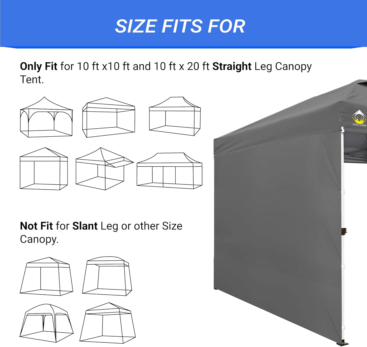 CROWN SHADES SunWall – Cubierta plateada para tienda de campaña desplegable de 10 x 10 pies, 1 paquete de pared lateral solo con revestimiento