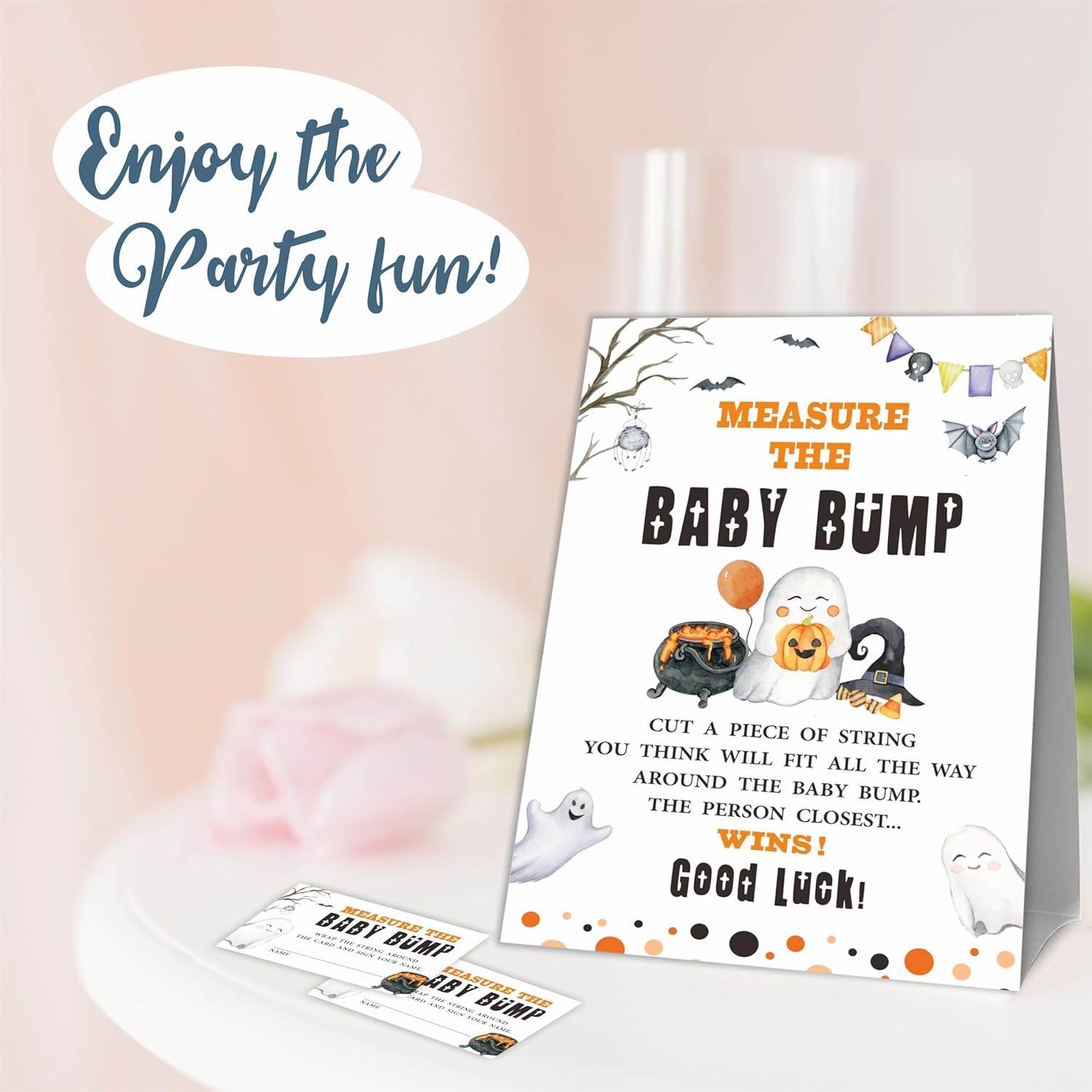 Baby Shower Measure The Baby Bump Kit de juego  Acuarela Halloween  1 letrero de pie y 50 boletos  How Big Is Mommy’s Belly Sign  Revela de género,