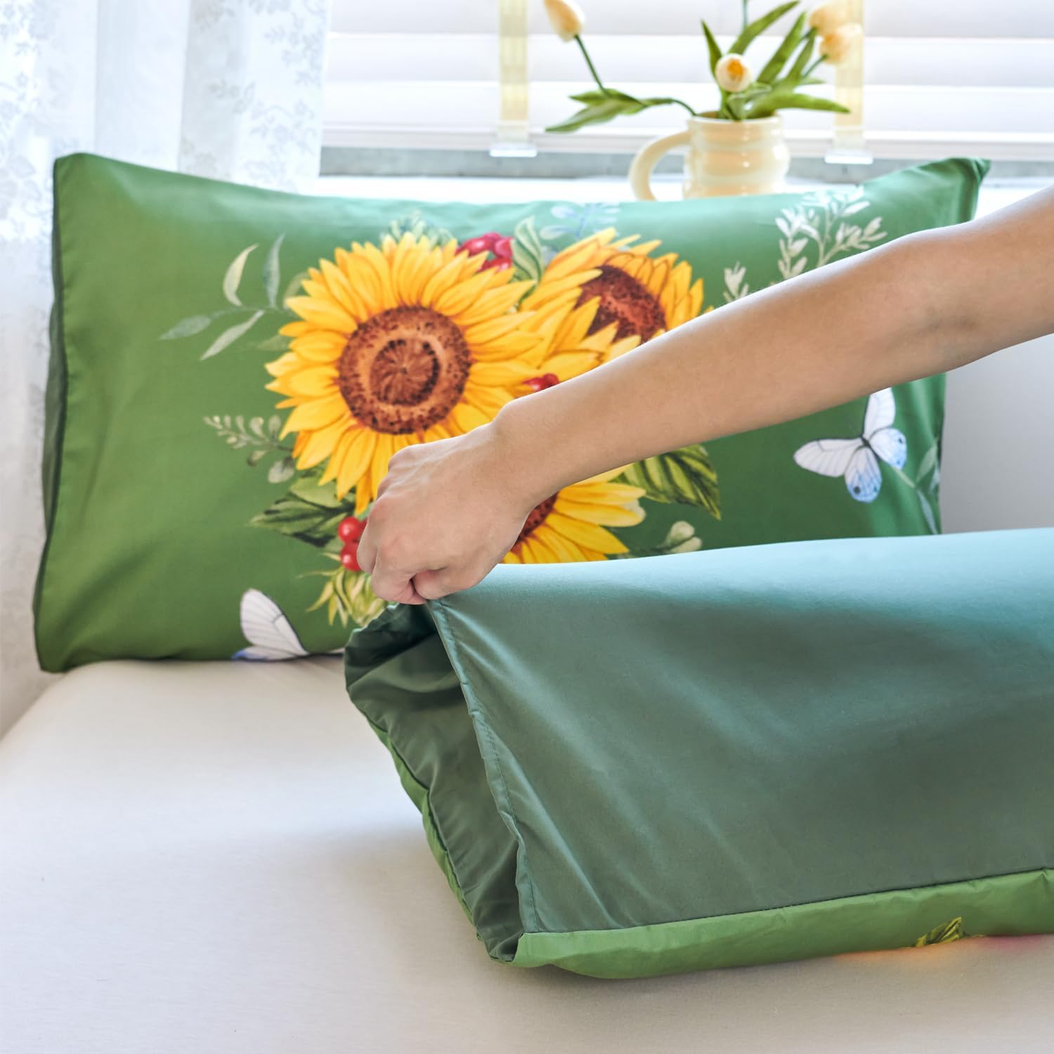 Juego de edredón verde de girasol, juego de ropa de cama de 3 piezas con flores amarillas con plumón alternativo de mariposa, juego de edredón