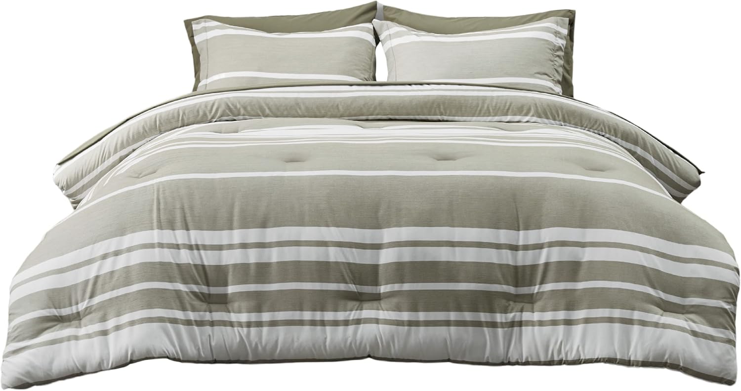 Bedsure Bed in a Bag King – Juego de edredón de 7 piezas, color verde oliva y blanco, a rayas, para todas las estaciones, 2 fundas de almohada,