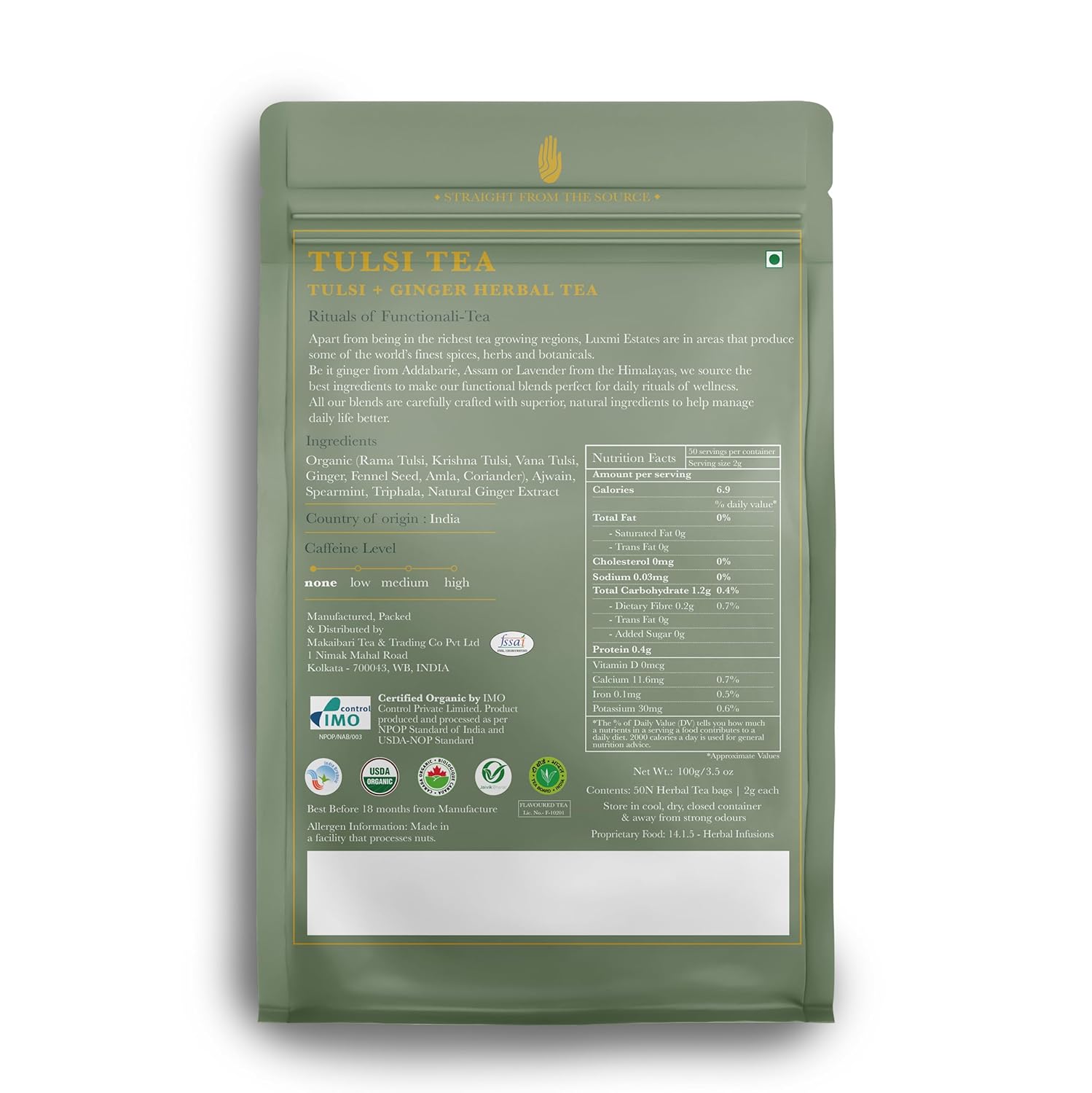 Luxmi Estates, Té Tulsi orgánico 50 bolsas de té (3.53 onzas)  Sin cafeína, sin OMG, hojas Tulsi orgánicas USDA – Té Tulsi  Apoyo inmunológico,