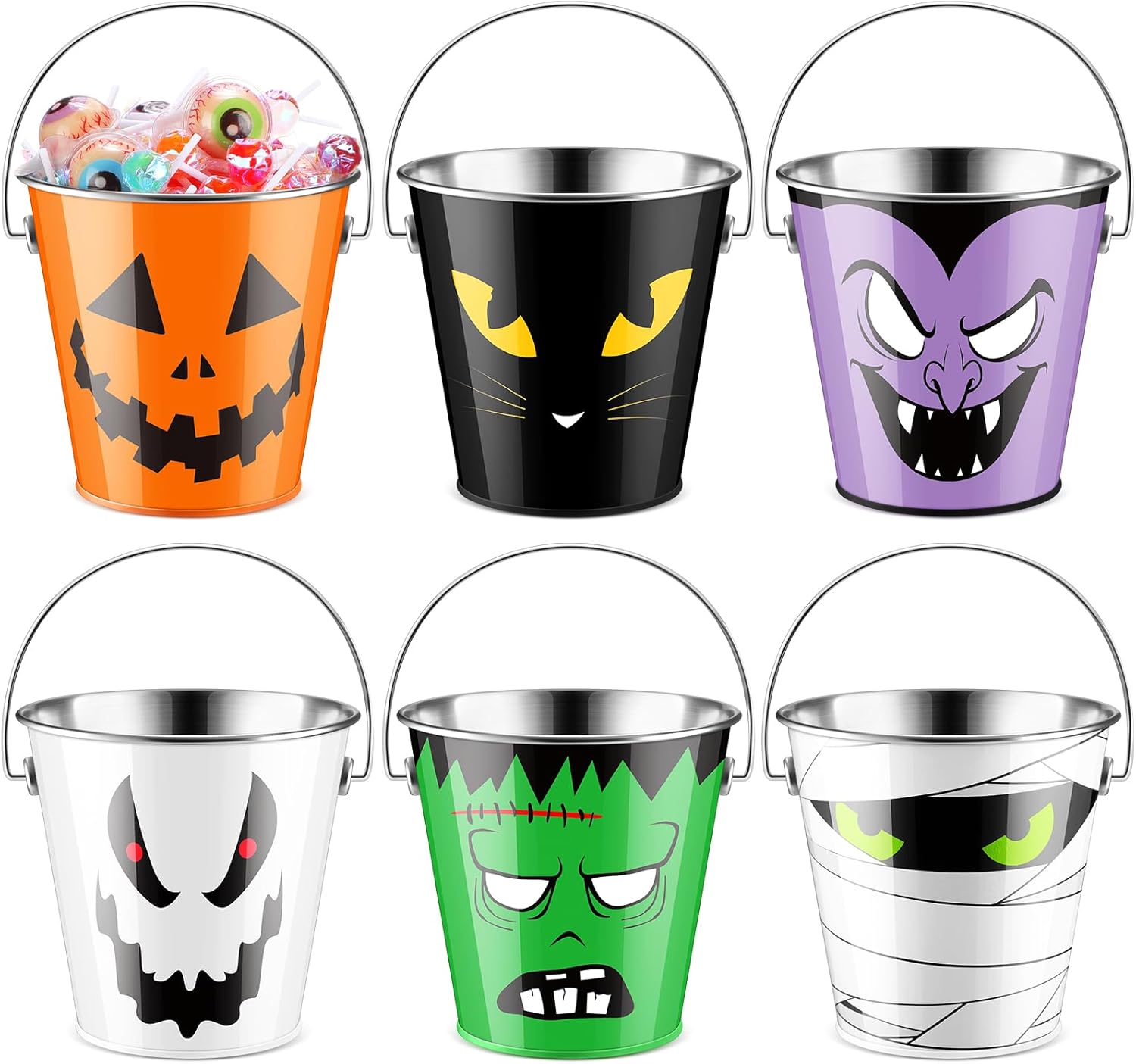 6 cubos de Halloween de metal a granel para niños, regalos de fiesta, cubo de dulce o truco con asa, cubo de dulces de calabaza de color calabaza