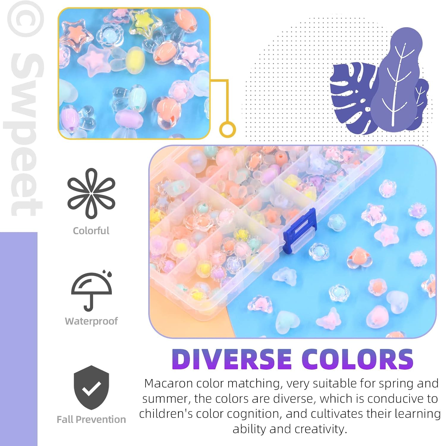 Swpeet Juego de 147 cuentas acrílicas transparentes y glaseadas de colores macarrones, 12 estilos y agujas de cuentas con cordón elástico, juego