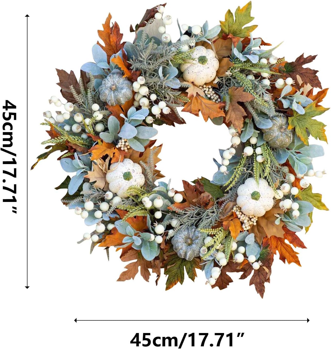 Corona de otoño de 17.7 pulgadas para puerta delantera, corona de calabaza de otoño, corona de Halloween, corona de Acción de Gracias para