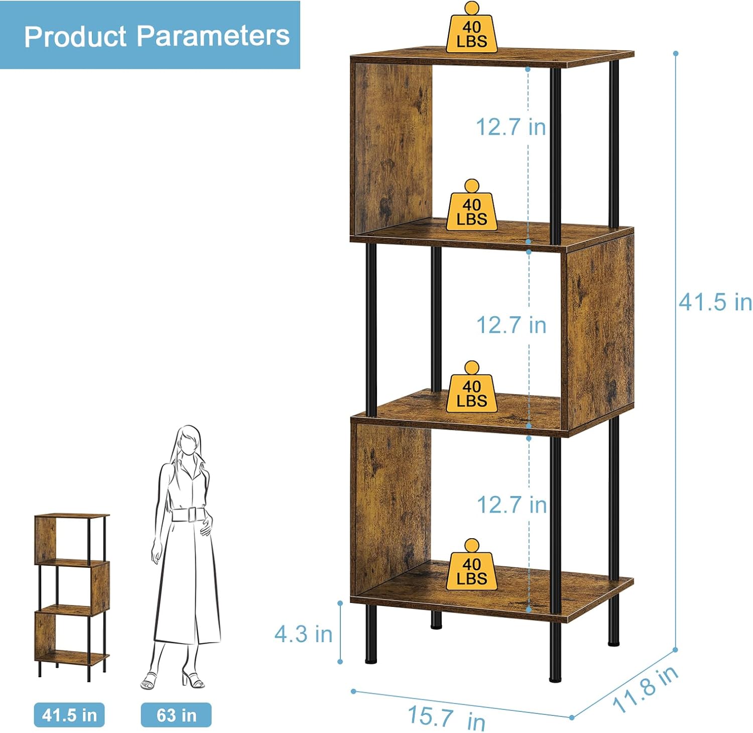 ETELI Estantería pequeña en forma de S de 4 niveles, moderna, independiente, multifuncional, de madera, para granja, sala de estar, dormitorio y