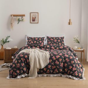 MR.FEATHER Juego de edredón floral Queen, juego de ropa de cama negro de 3 piezas de microfibra suave y duradera con elegantes juegos de estampado MR.FEATHER Juego de edredón floral Queen, juego de ropa de cama negro de 3 piezas de microfibra suave y duradera con elegantes juegos de estampado