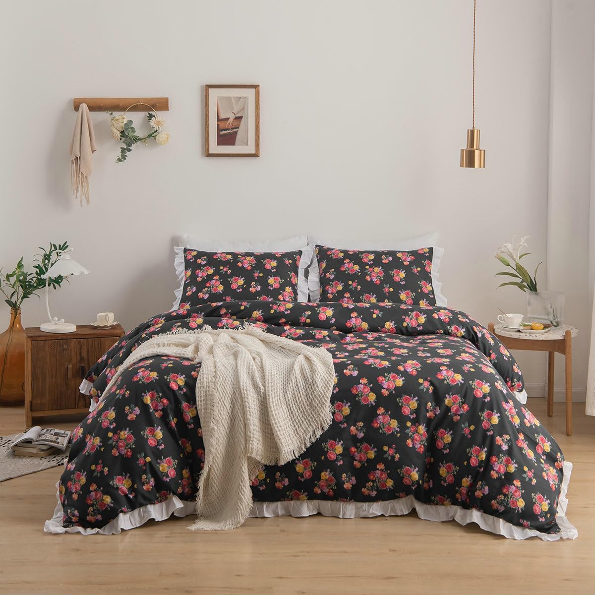 MR.FEATHER Juego de edredón floral Queen, juego de ropa de cama negro de 3 piezas de microfibra suave y duradera con elegantes juegos de estampado