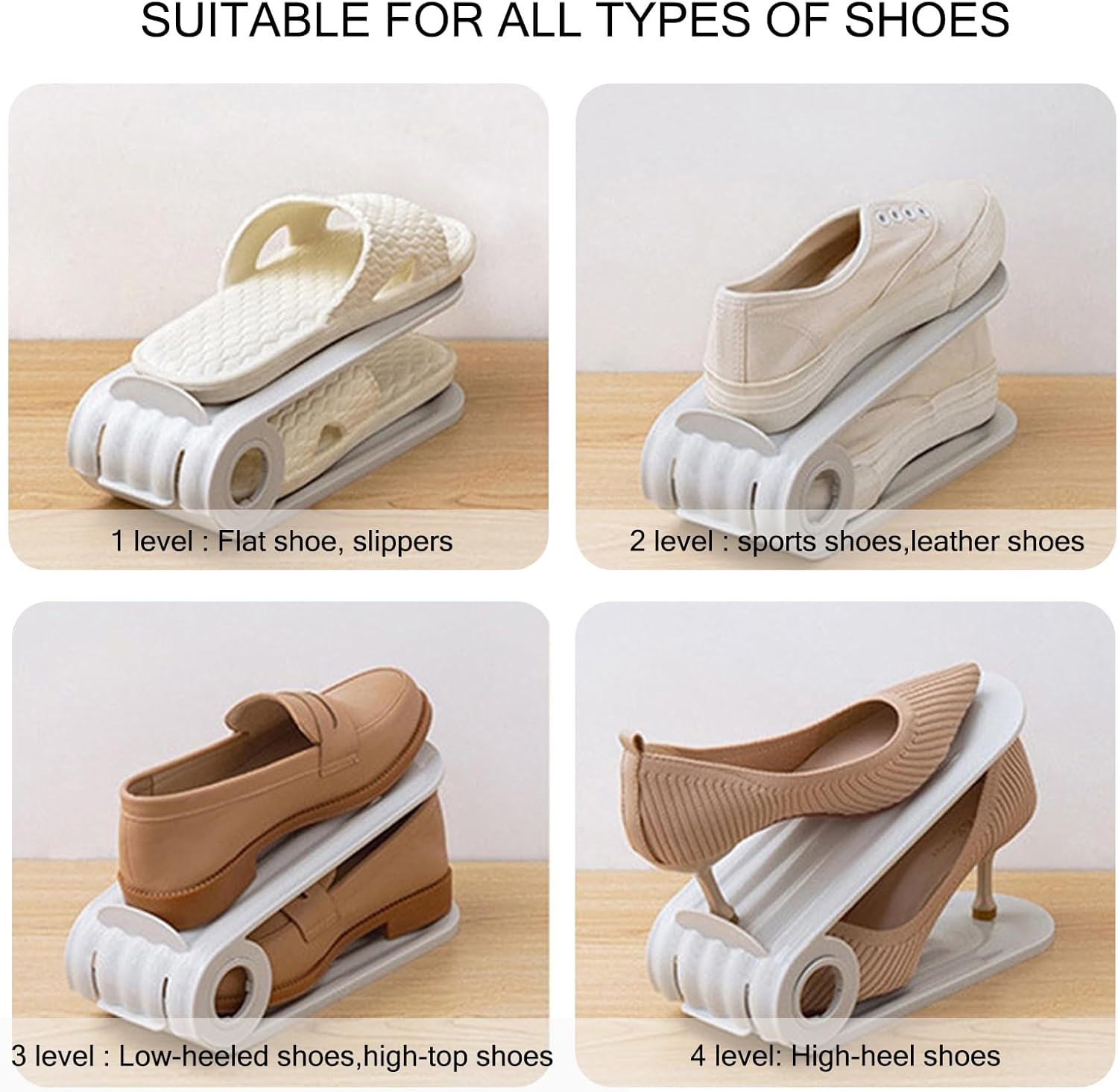 Paquete de 8 ranuras para zapatos, apilador de zapatos ajustable de doble capa, diseño de altura ajustable en cuatro posiciones, soporte apilador de