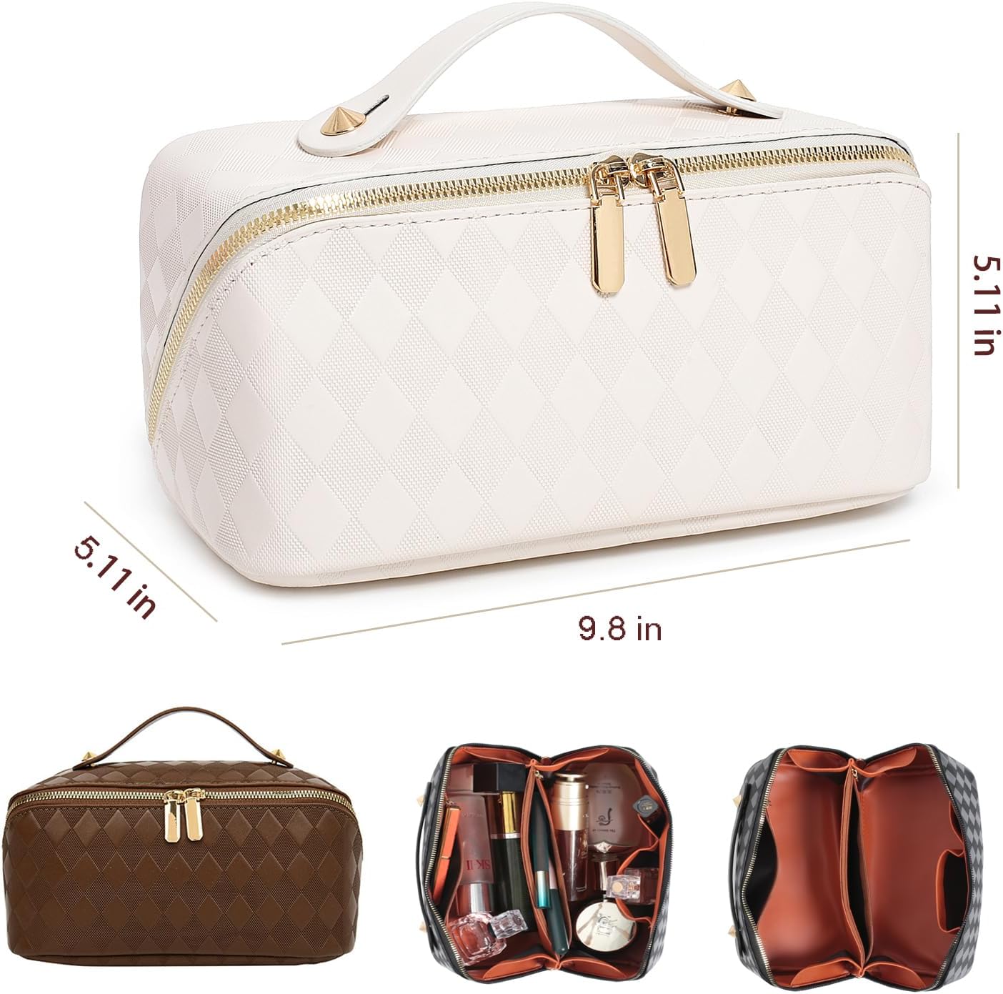 Bolsa de maquillaje de viaje, bolsa de maquillaje de gran apertura, bolsa de maquillaje portátil que se abre plana para un fácil acceso, bolsa de