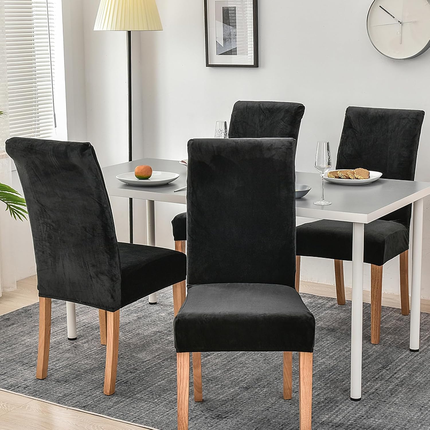 smiry – Fundas para sillas de comedor de terciopelo elástico y suave, extraíbles, Terciopelo, Negro
