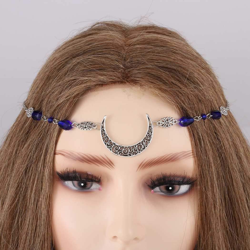 Cadena bohemia para la frente, cadena de bronce para la frente, tocados de luna creciente, accesorios para el cabello de cristal para mujeres y niñas