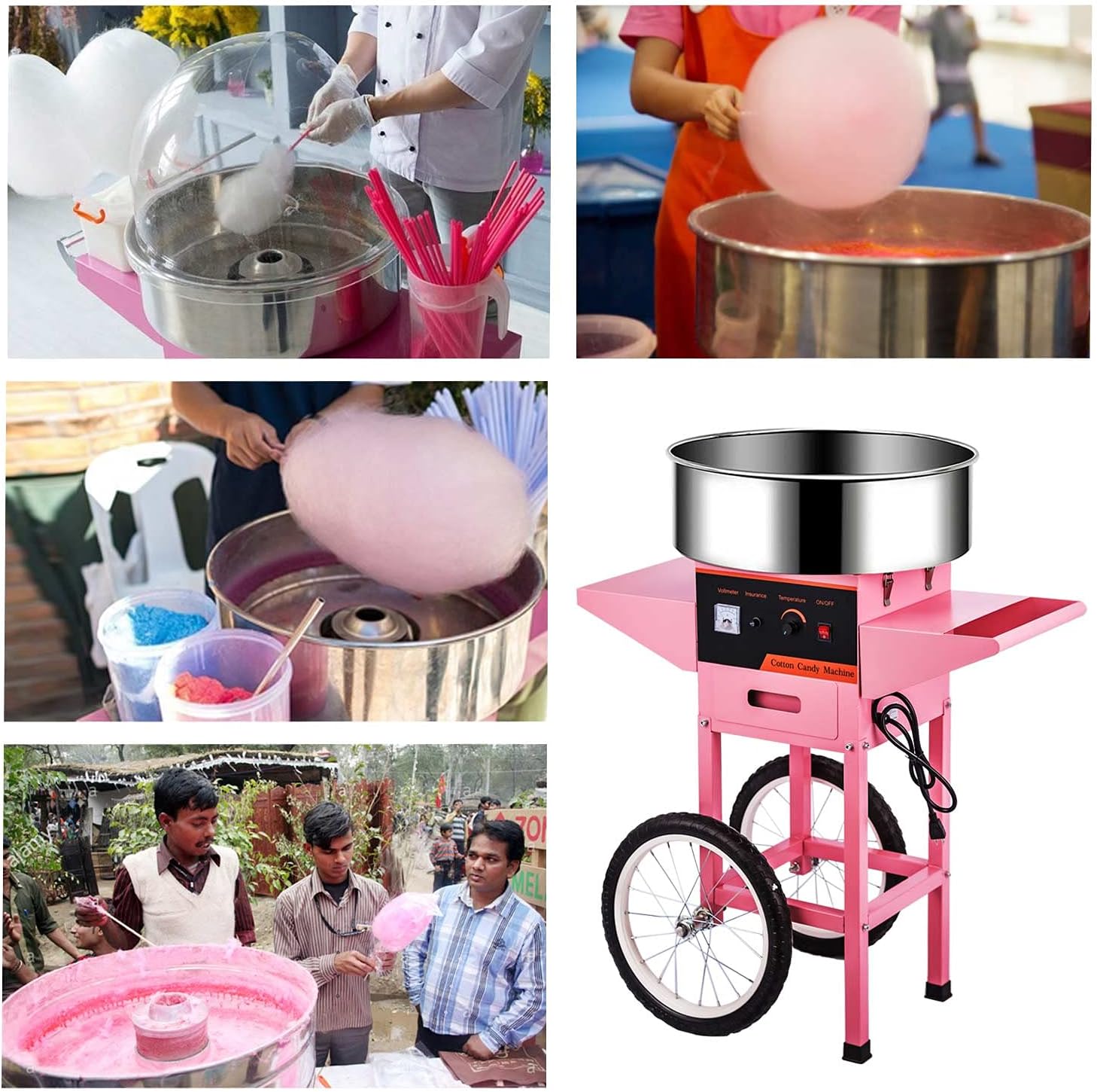 Máquina comercial de algodón de azúcar con carrito, máquina eléctrica de algodón de azúcar – 110 V para el recuerdo perfecto de fiesta para
