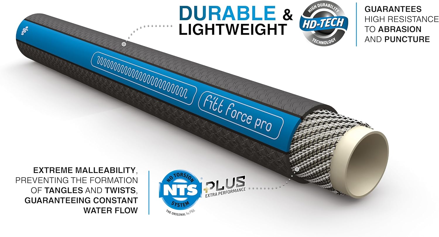 FITT Force Pro Manguera de agua, manguera de jardín de grado comercial resistente de 58 pulgadas, 75 pies, color azul