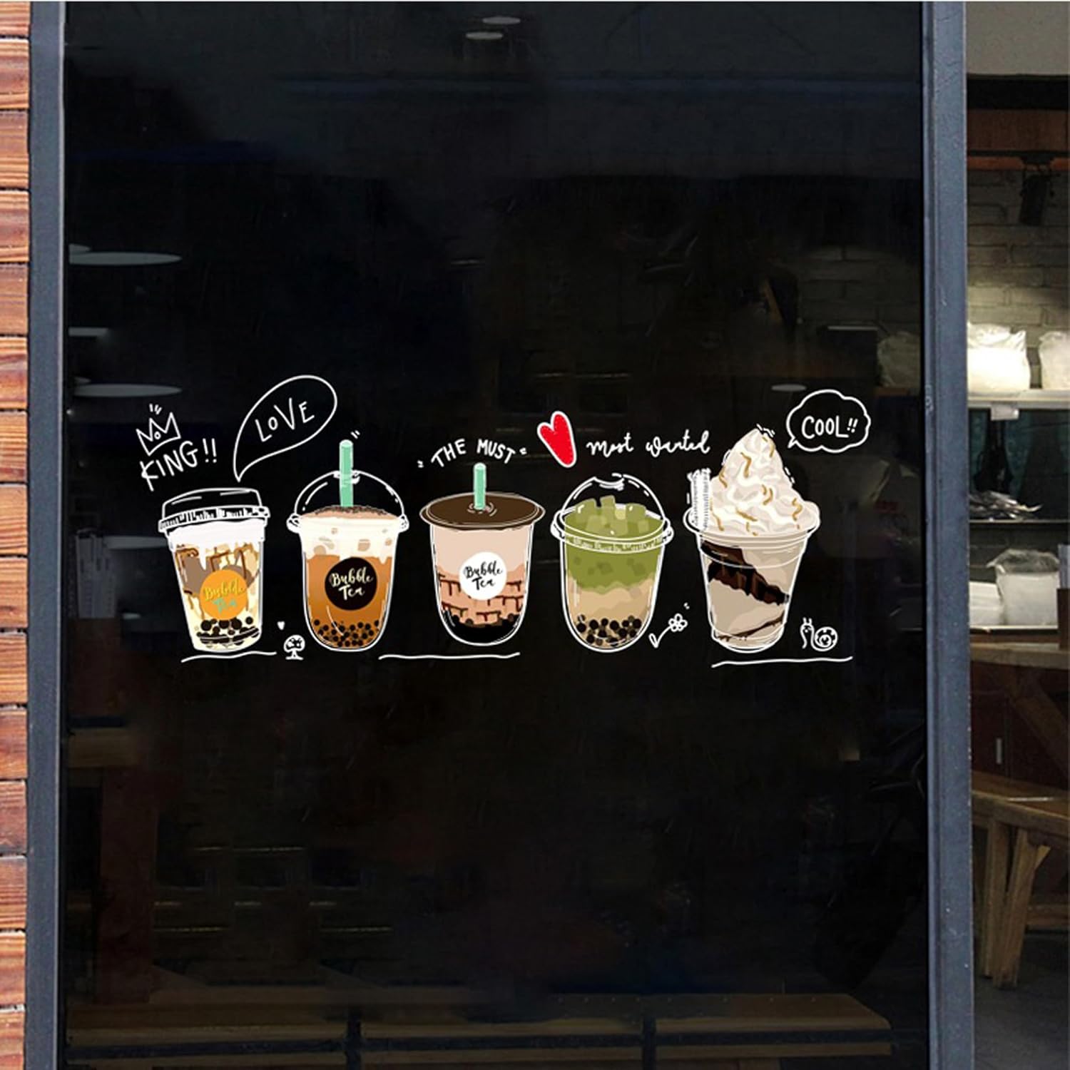 Boba Shop – Película decorativa de vidrio estática, no adhesiva, para té y café con burbujas (Boba Windown Adhesivo #A 47.5 pulgadas de ancho x 19