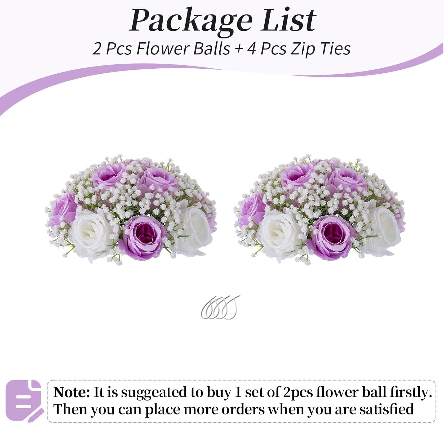 BLOSMON Bolas de flores falsas, centros de mesa de boda, 2 piezas de rosas lilas, aliento de bebé, flores artificiales, piezas centrales de