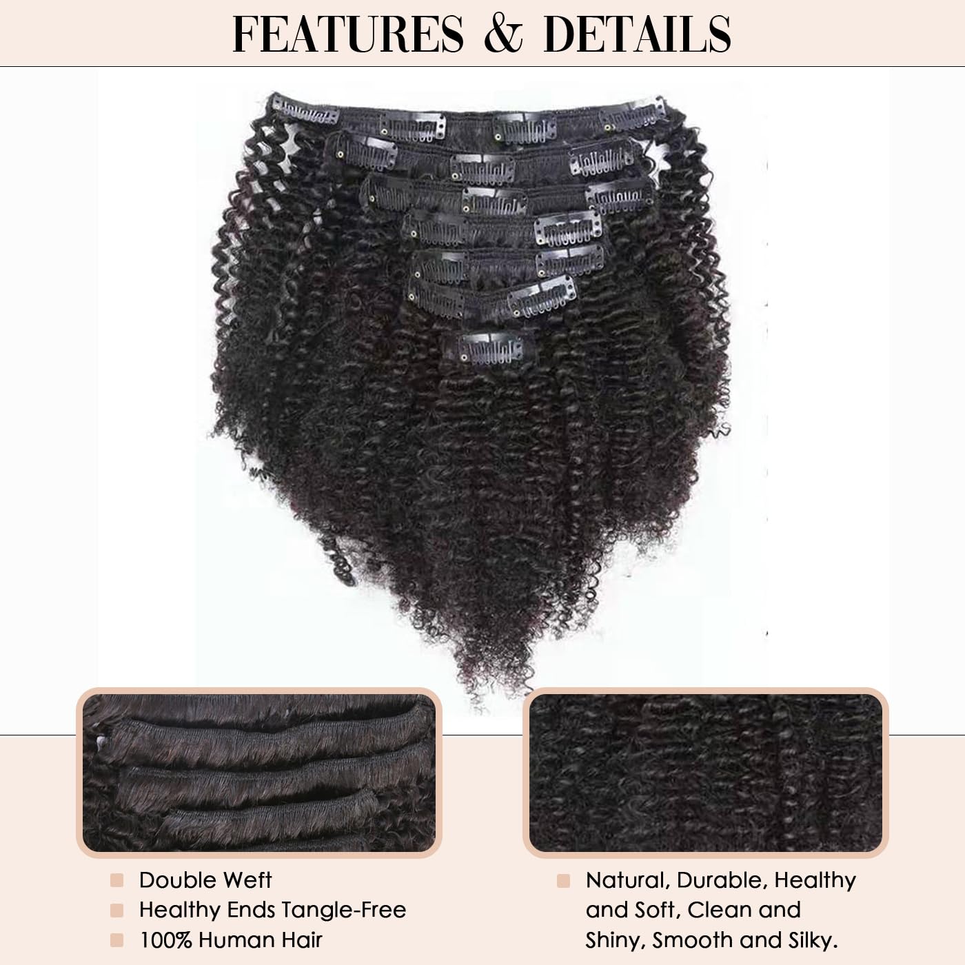 Caliee Extensiones de cabello humano con clip 3C y 4A, 100% virgen, para mujeres negras, afro, rizado, doble trama, 7 piezas, 20 pulgadas