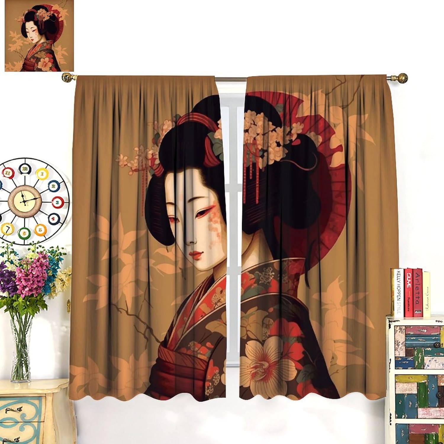 Cortina opaca japonesa de Geisha para niña, estilo tradicional con diseño de flor de cerezo, cortinas reductoras de ruido, bolsillo para barra, sala