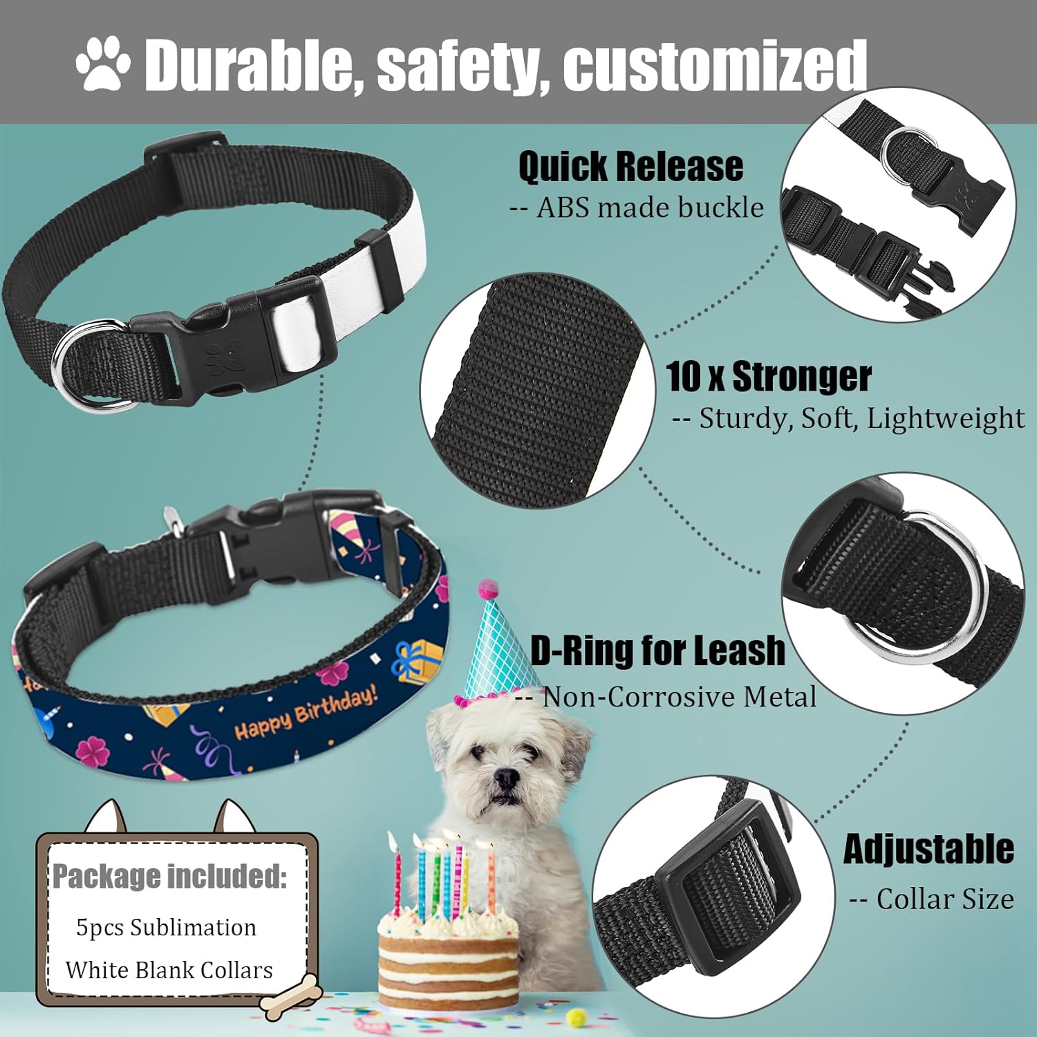 WindMage Paquete de 5 collares de sublimación para perro, tamaño M2, en blanco, liso, personalizado con hebilla ajustable de liberación rápida, 4